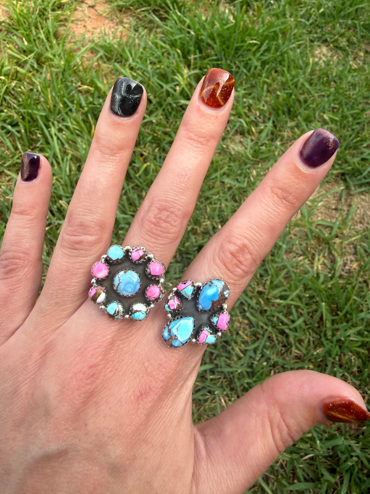 Golden Hills Turquoise and Cotton Candy Turquoise Sterling Silver Cluster Ring