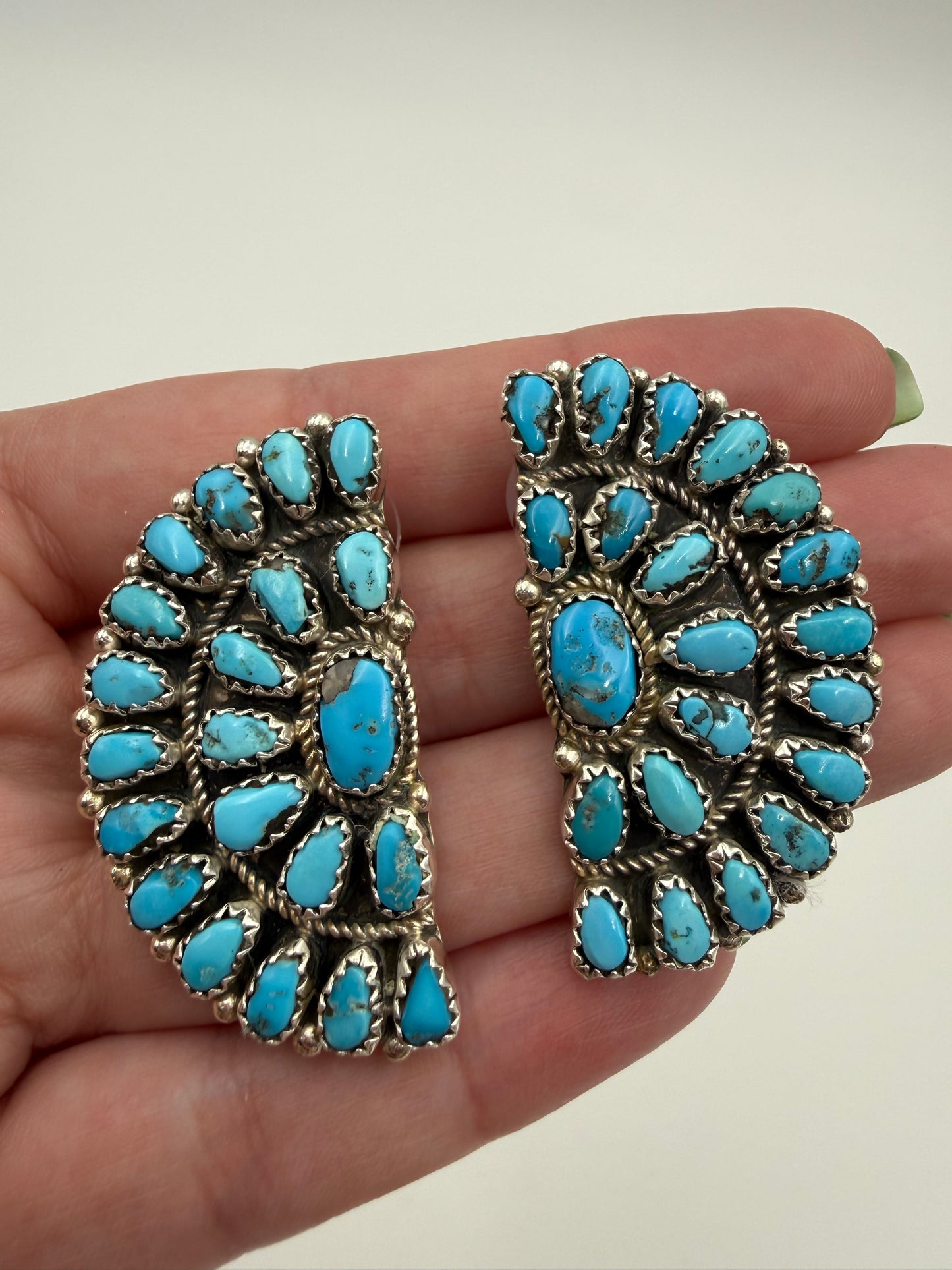 Native Turquoise Huge Half Cluster Sterling Silver Earrings