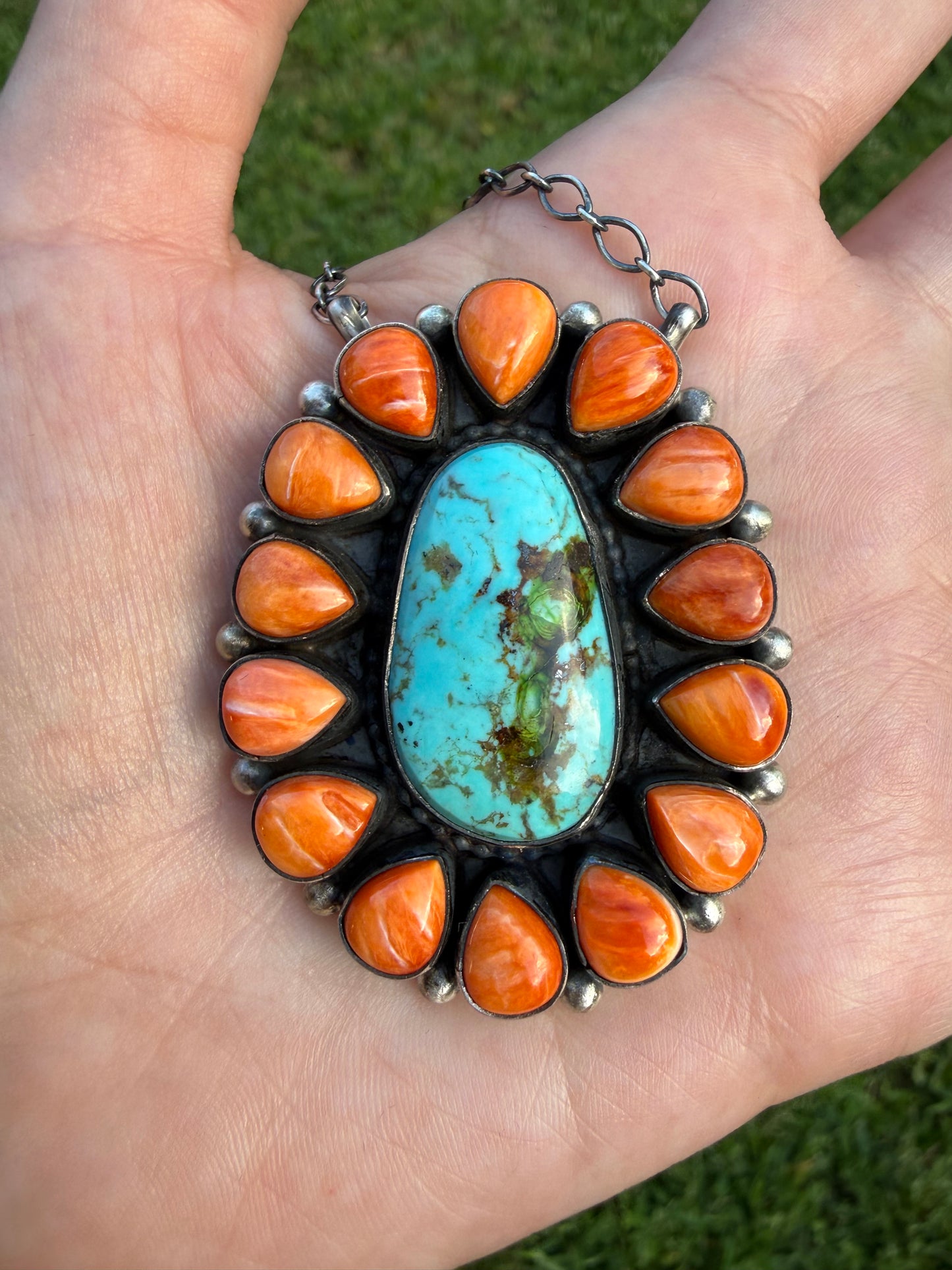 Navajo Sonoran Gold Turquoise and Orange Spiny Full Flower Cluster Necklace