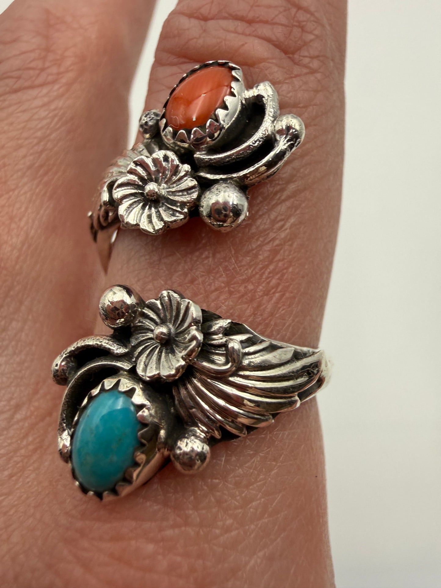 Navajo Turquoise and Coral Flower Floater Bypass Ring