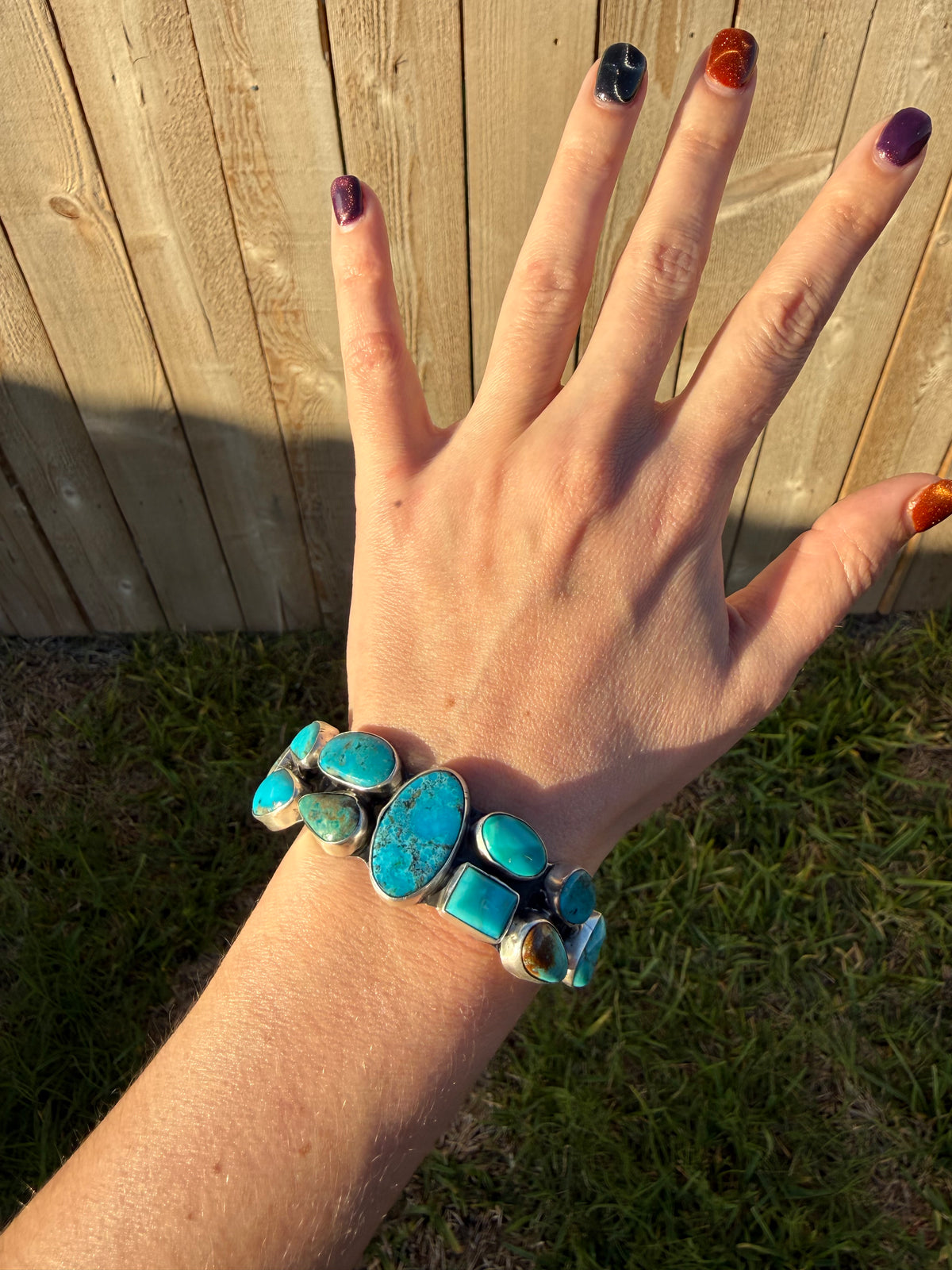 Navajo Turquoise Natural Stone Cluster Cuff Sterling Silver Bracelet