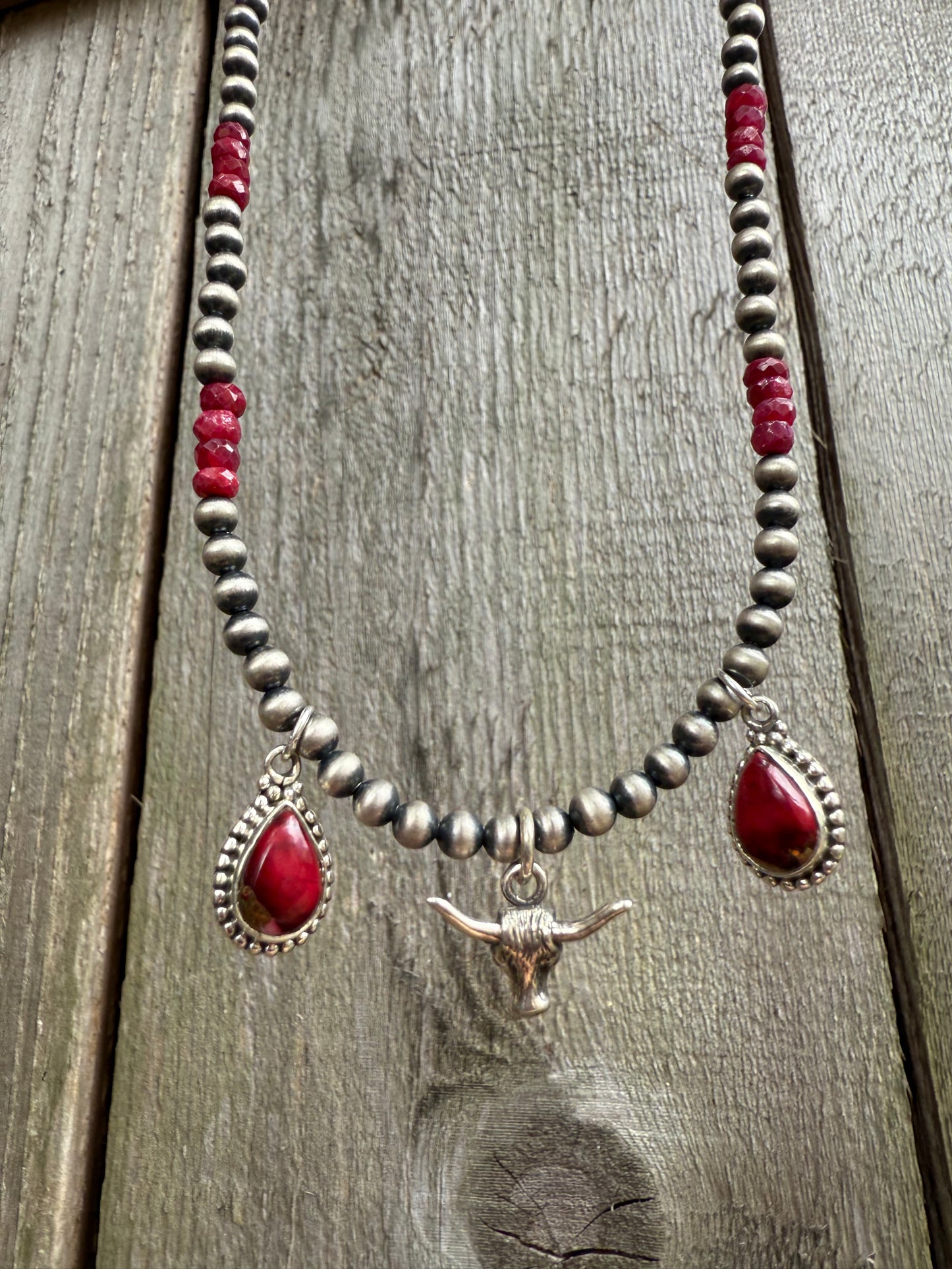 Rose Dahlia and Ruby Long Horn Desert Pearl Sterling Silver 925 Necklace