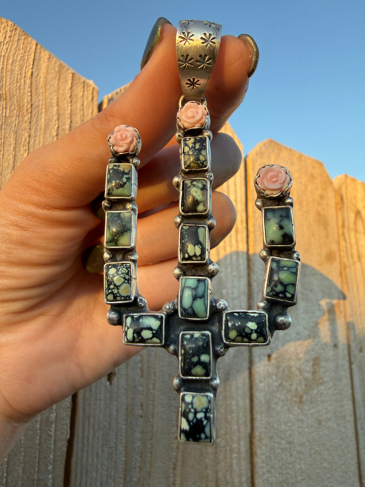 Navajo Blackjack Turquoise Cactus with Carved Pink Conch Flower Sterling Silver Handmade Pendant