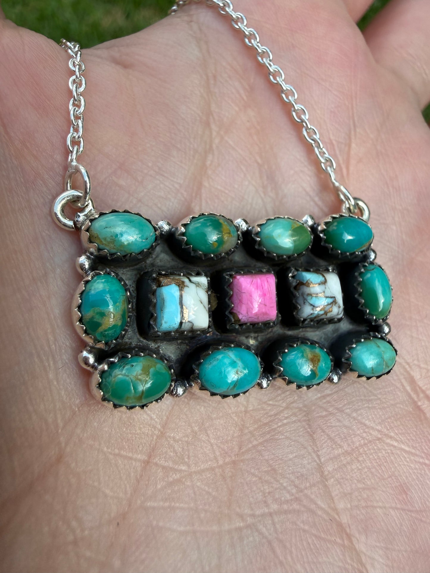 Kingman and Cotton Candy Turquoise Unique Bar Sterling Silver Necklace