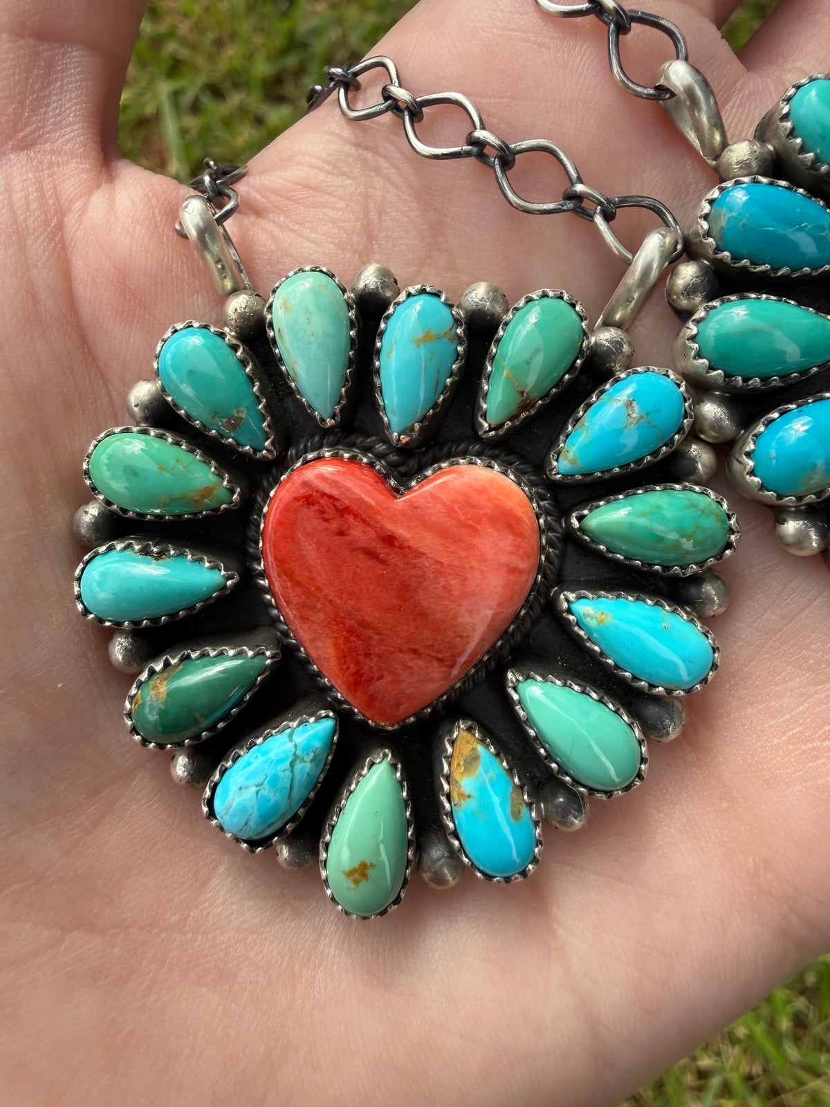 Navajo Turquoise Heart Full Flower Sterling Silver Necklace