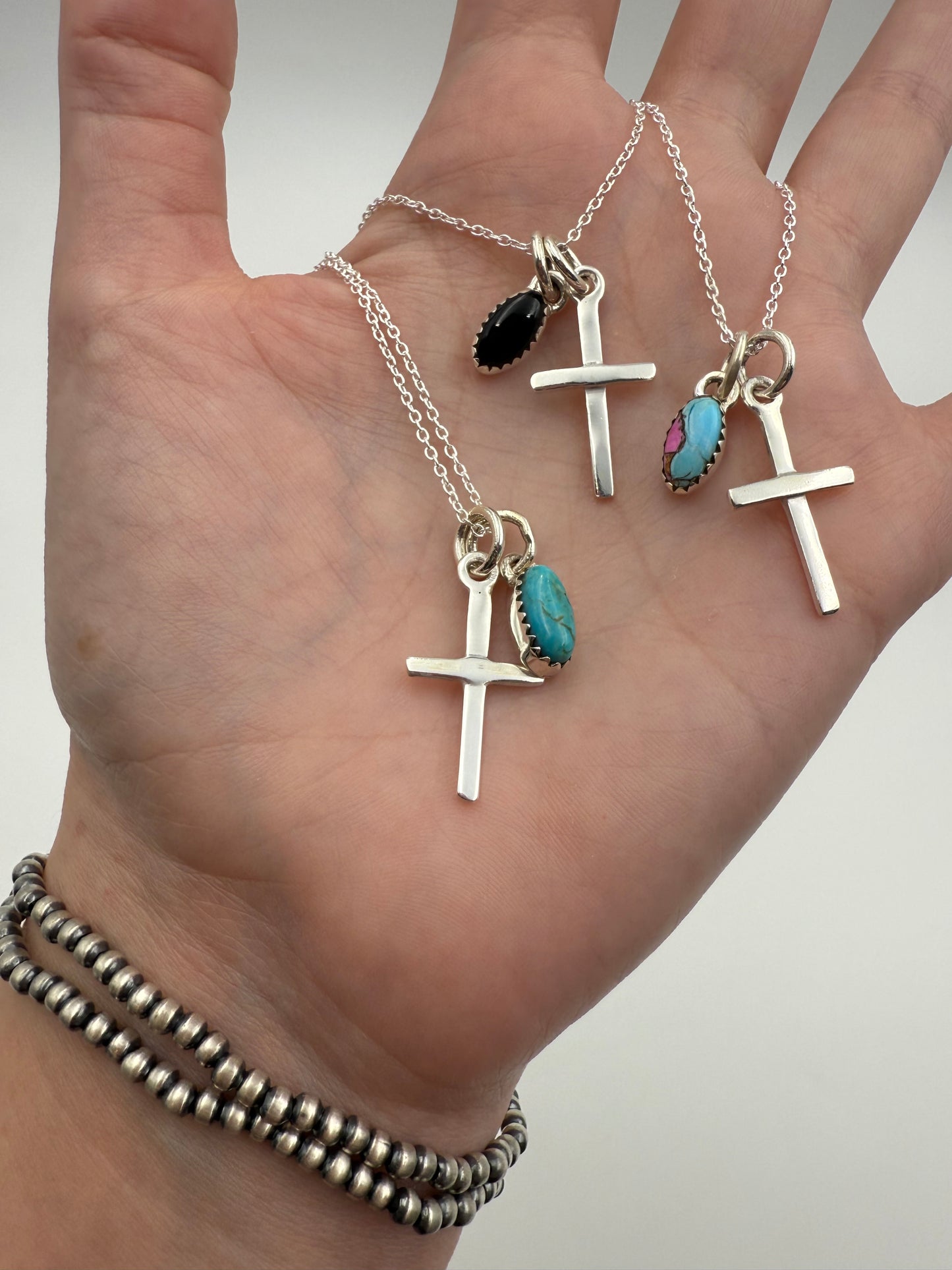 Sterling Silver Cross And Gemstone Charm Necklaces
