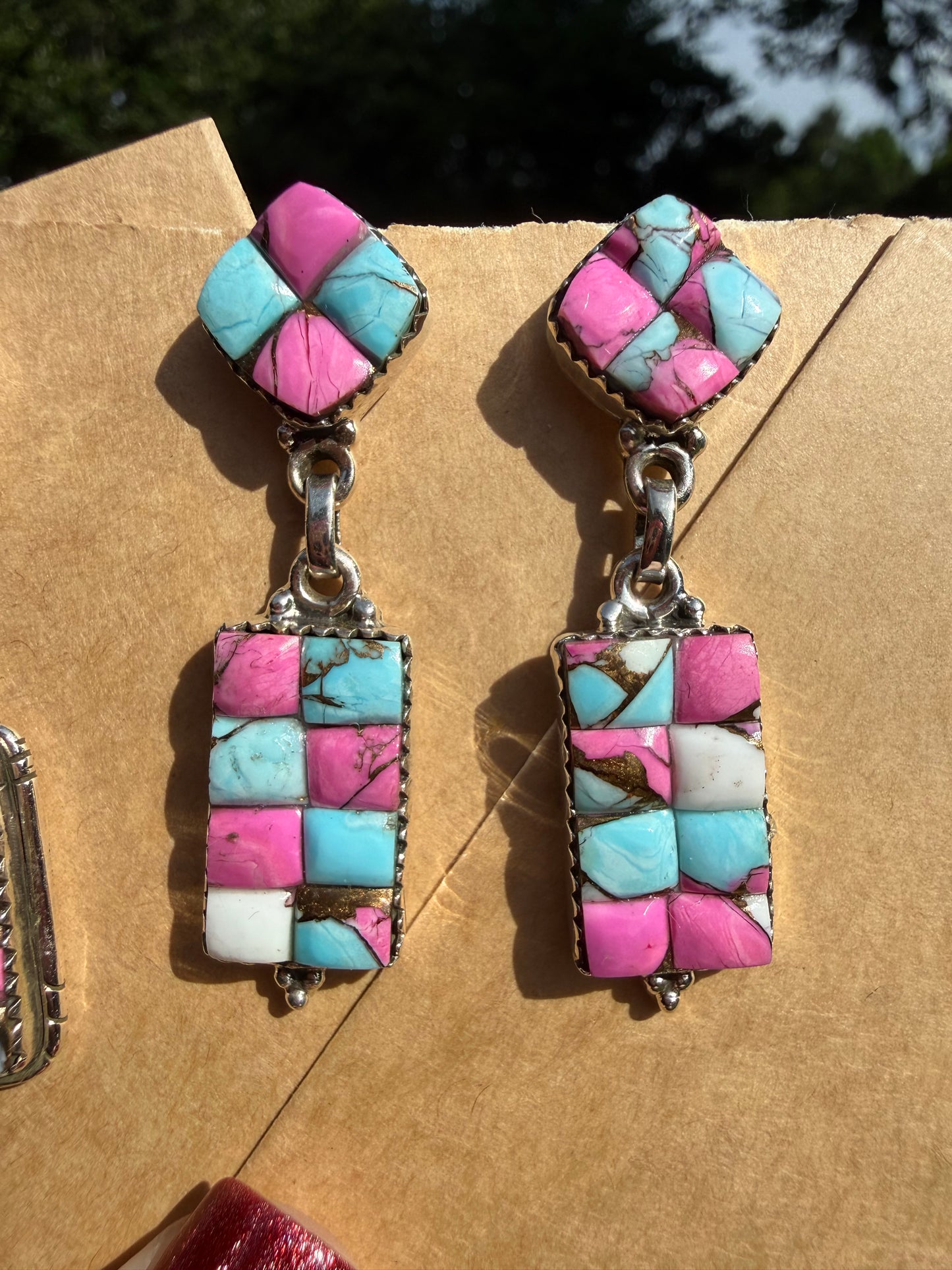Cotton Candy Turquoise Cobblestone Sterling Silver Bar Dangle Earrings