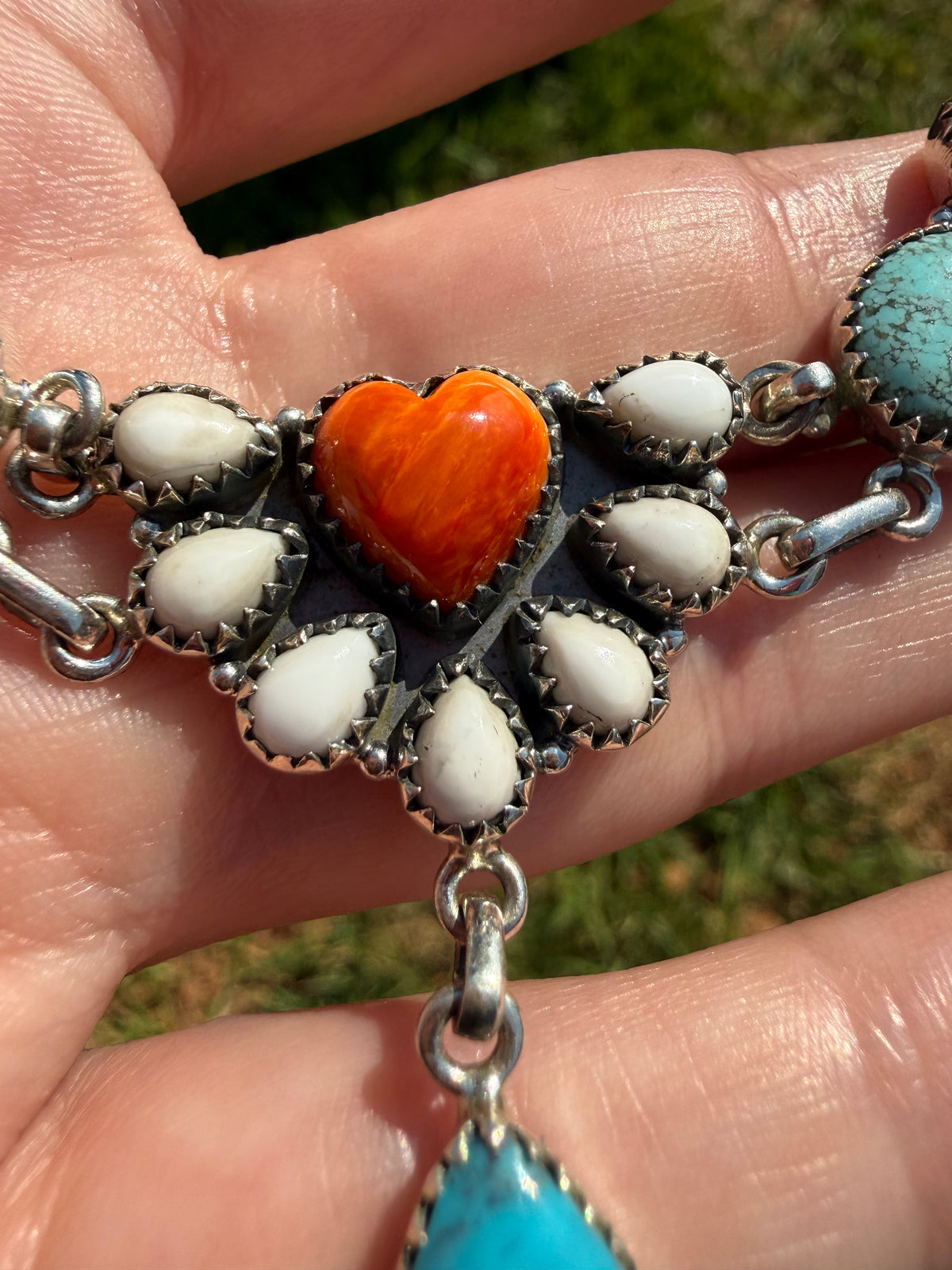 Orange Spiny, White Buffalo and Turquoise Multi Stone Heart Half Cluster Choker Necklace
