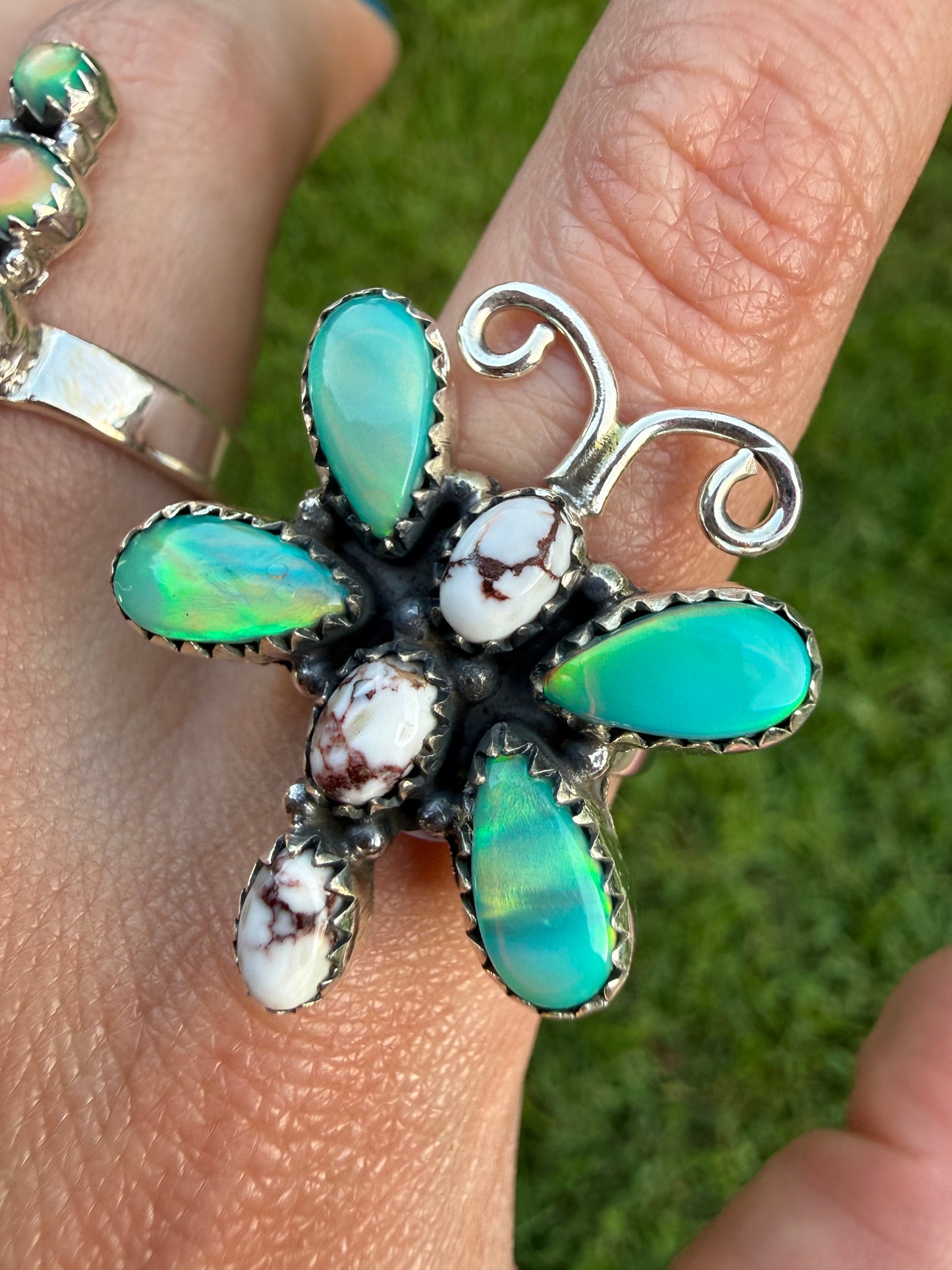 Wild Horse and Green Balloon Opal Sterling Silver Adjustable Rings