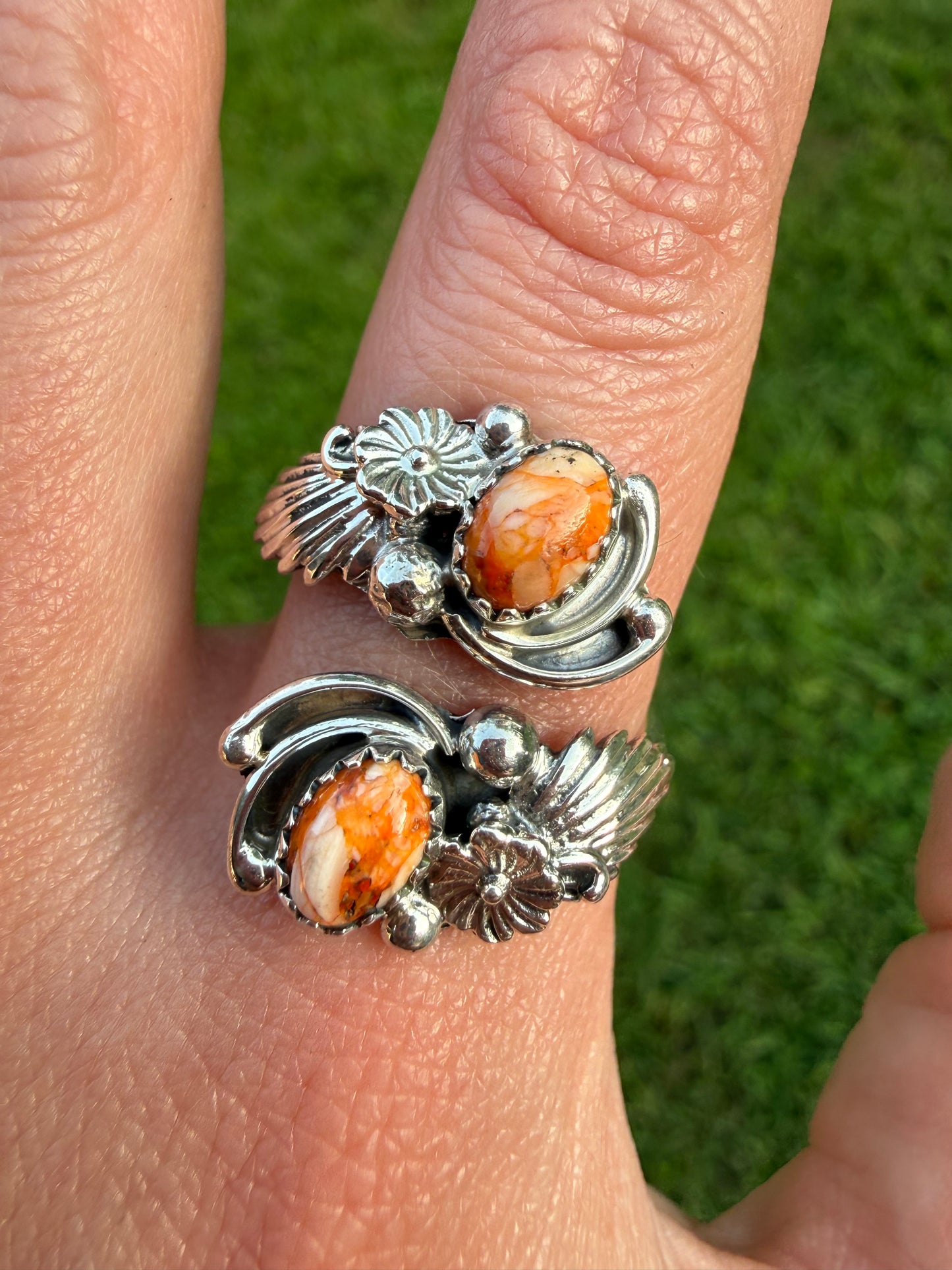 Navajo Orange Spiny Double Stone Sterling Silver Floater Ring