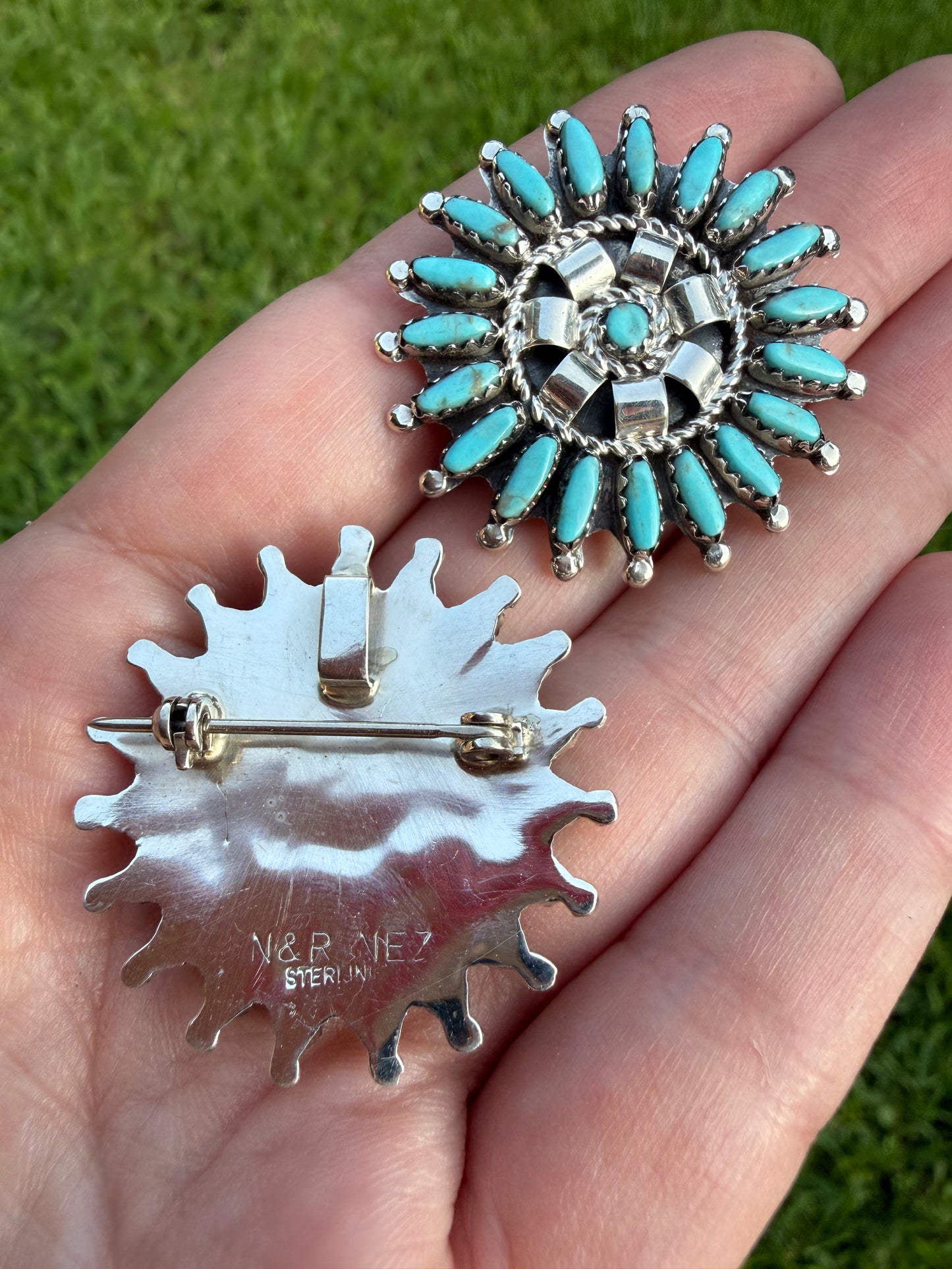 Zuni Needlepoint Turquoise Full Flower Sterling Silver Pin or Pendant