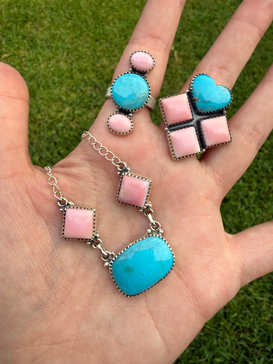 Pink Conch And Kingman Turquoise Necklace or Adjustable Ring
