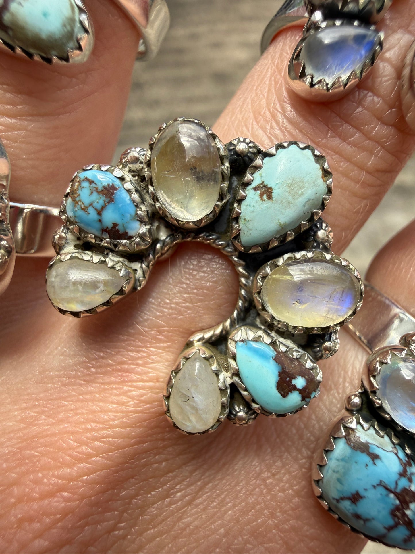 Rainbow Moonstone and Golden Hills Turquoise Adjustable Sterling Silver Ring