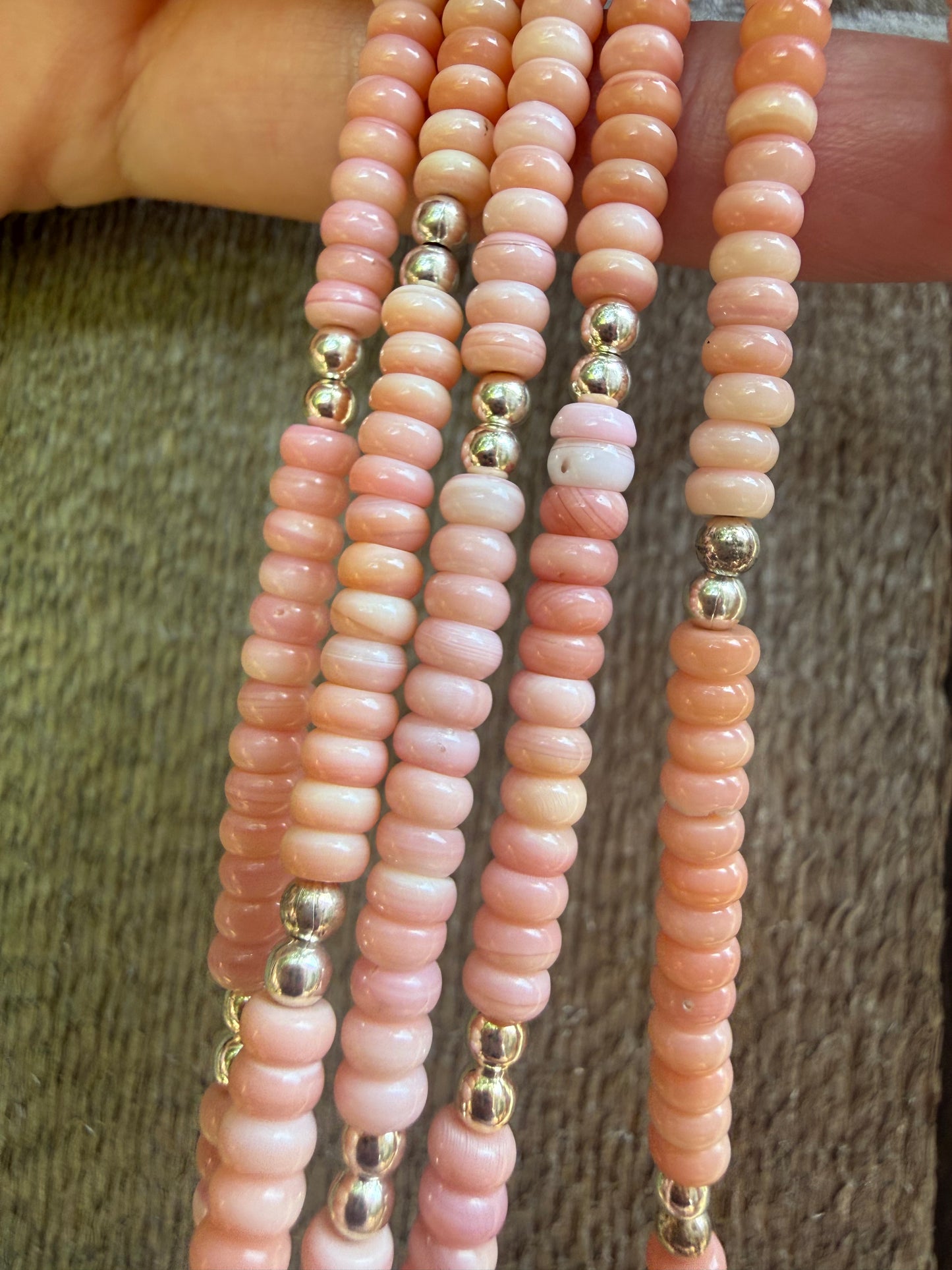 Navajo Strung Pink Conch And Sterling Silver Pearl Stacker Necklace
