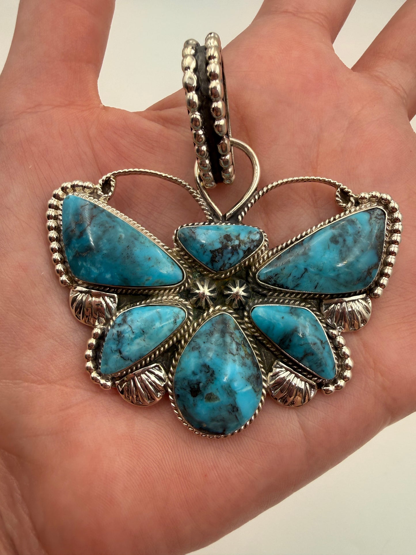 Native Turquoise Butterfly Statement Sterling Silver Pendant