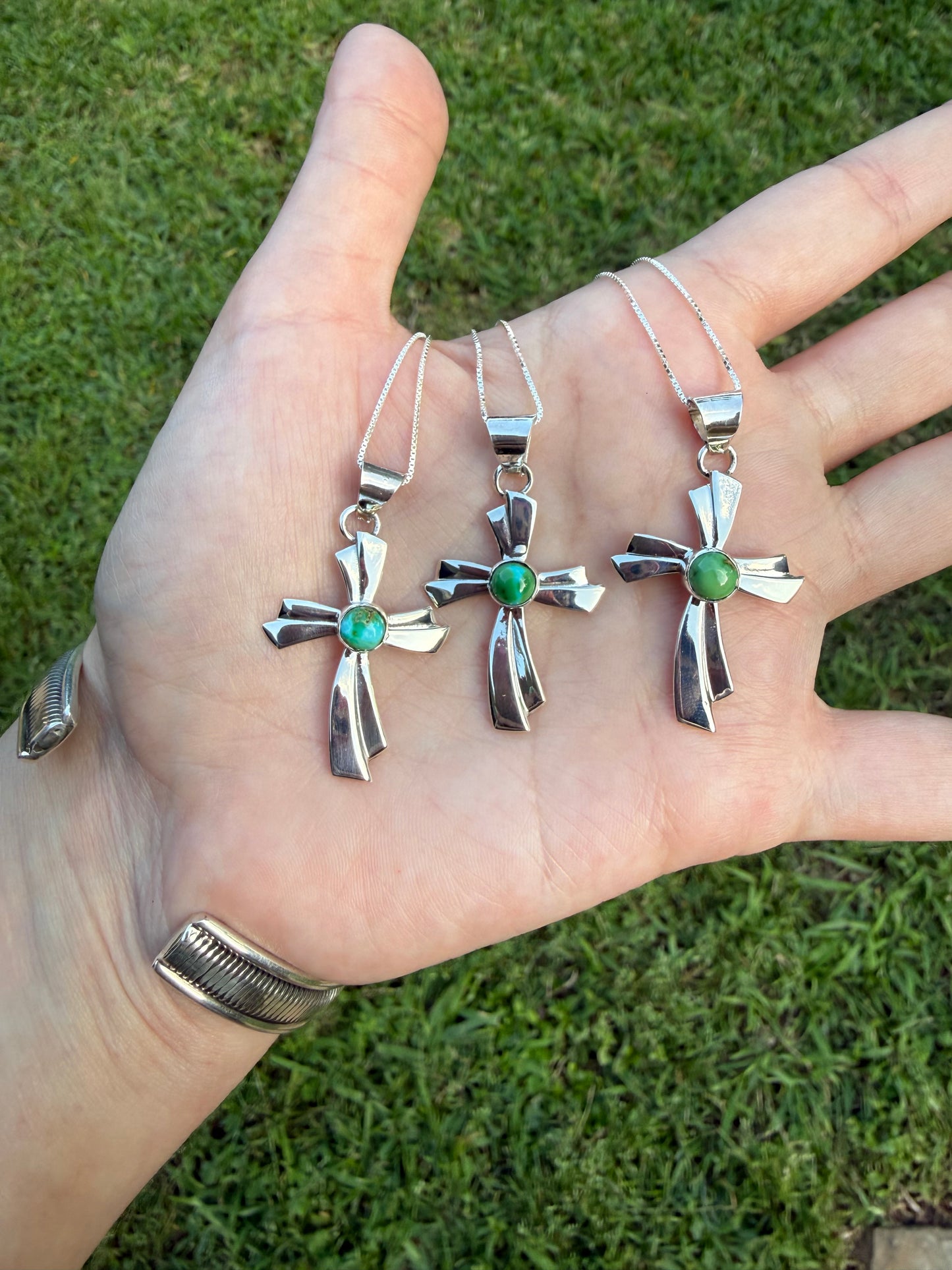 Navajo Sonoran Gold Turquoise Cross Sterling Silver Necklace by Jerold Francisco