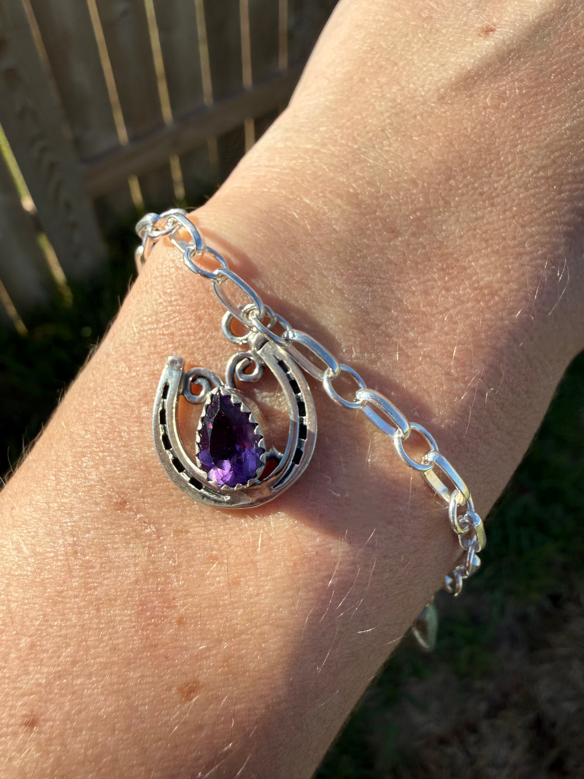 Navajo Amethyst and Turquoise Horseshoe Charm Sterling Silver Bracelet
