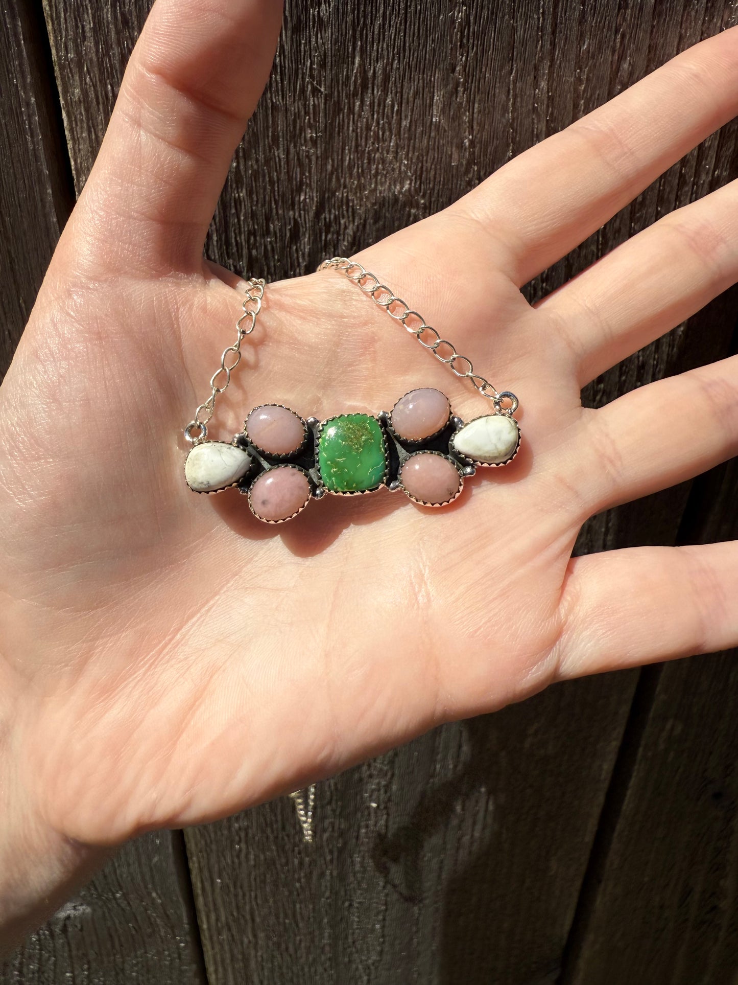 Sonoran Gold Turquoise, White Buffalo, and Pink Opal Bar Sterling Silver Necklace