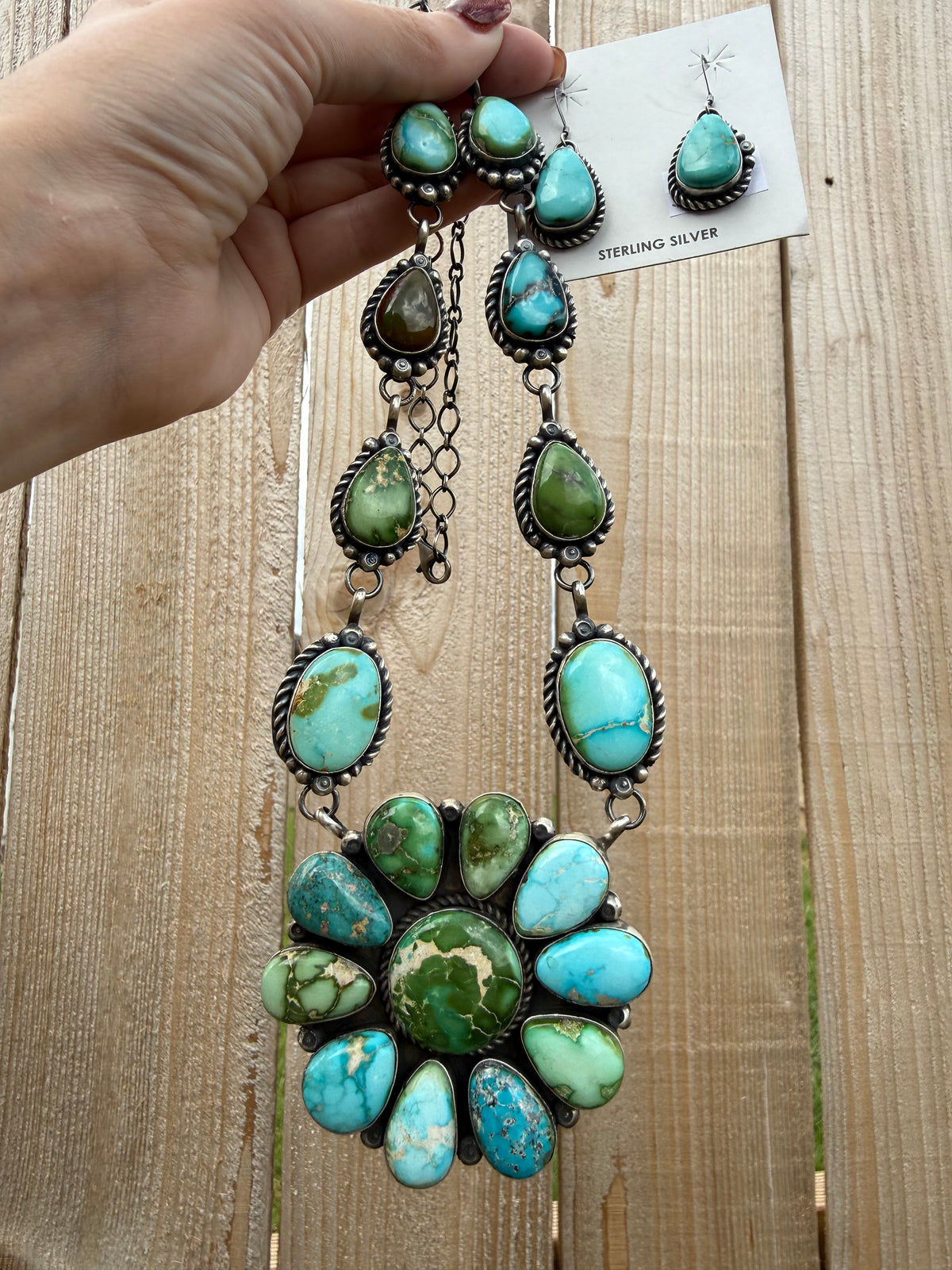 Navajo Sonoran Gold Turquoise Sterling Silver Full Flower Statement Necklace and Earrings