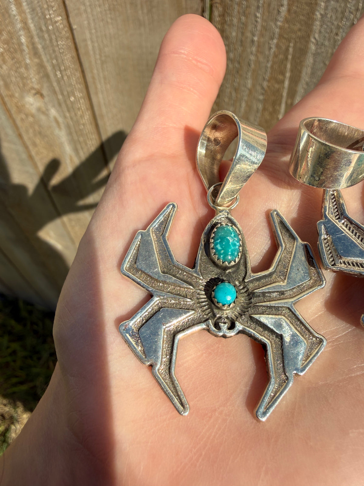 Navajo Spider Double Turquoise Stone Sterling Silver Pendant