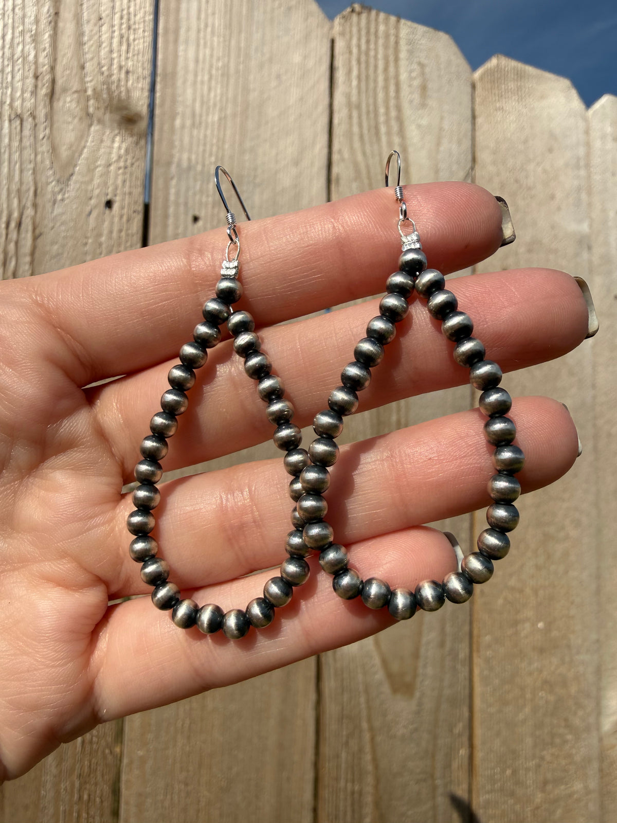 Navajo Strung Desert Pearl Sterling Silver Drop Hoop Earrings