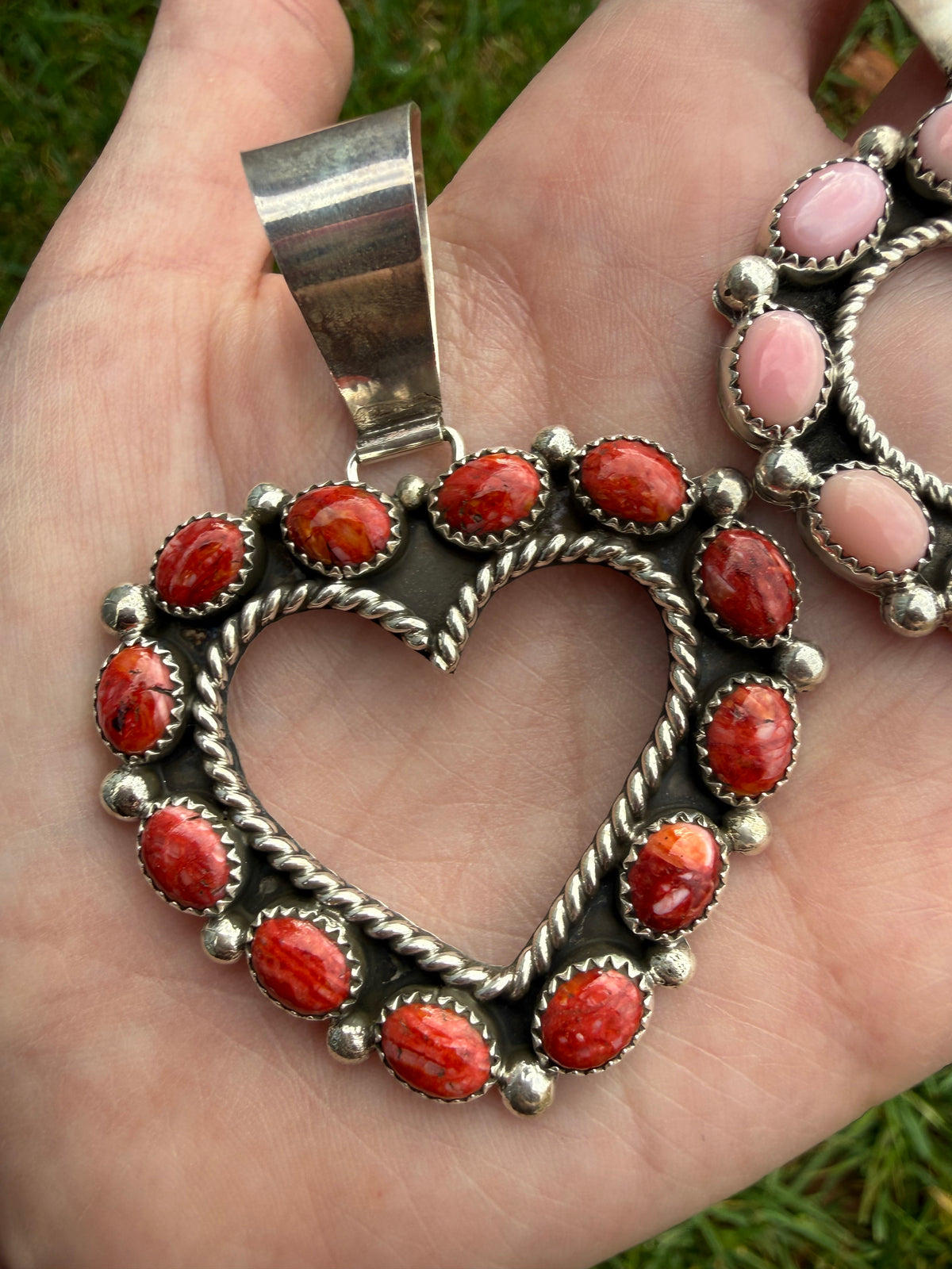 Navajo Pink Conch or Red Spiny Outline Heart Sterling Silver Pendant