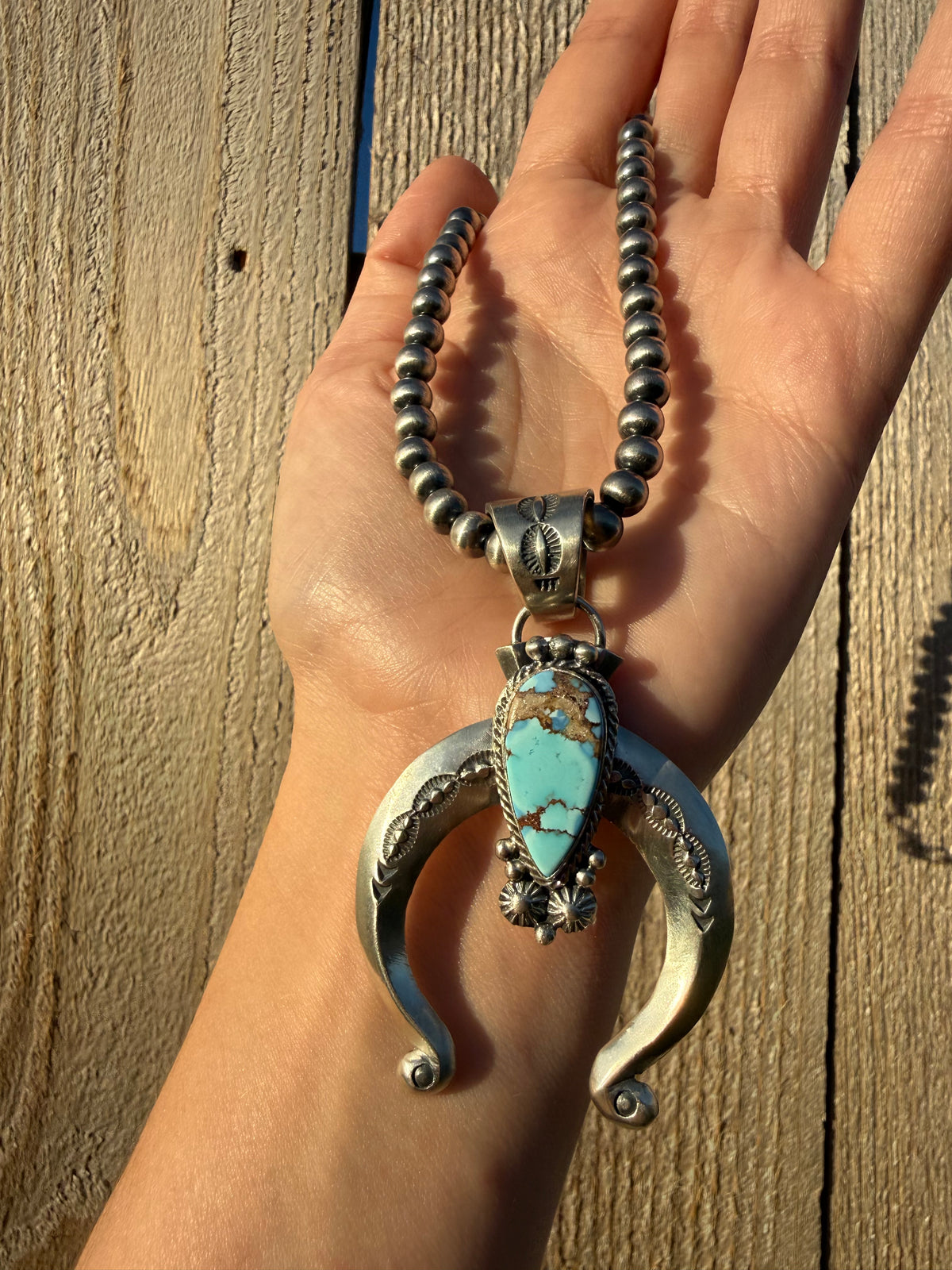 Navajo Golden Hills Turquoise Naja Sterling Silver with Desert Pearl Necklace