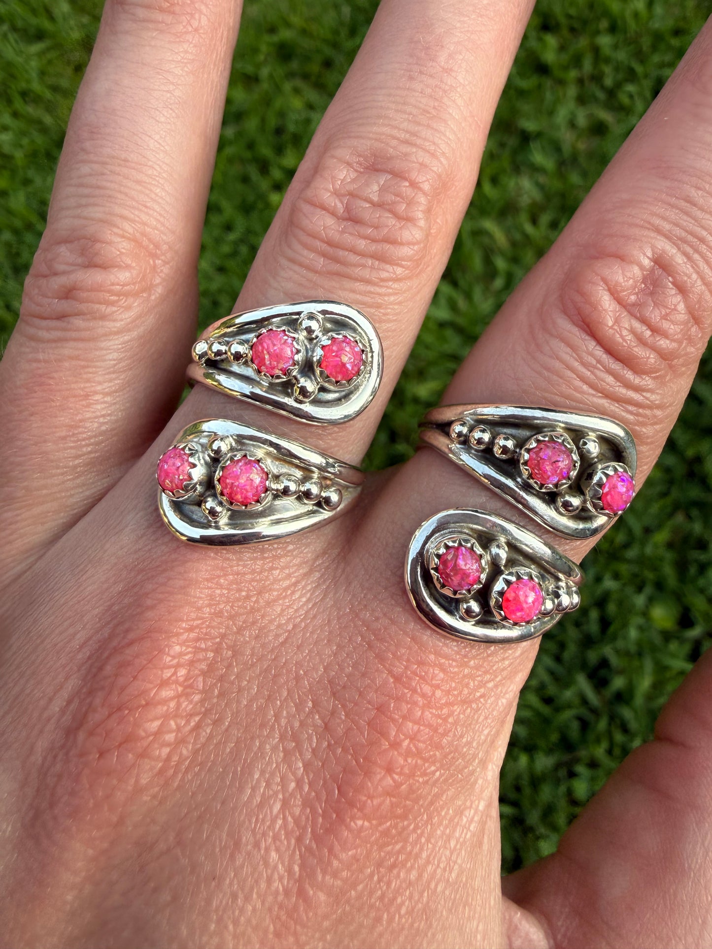 Navajo Hot Pink Balloon Opal Floater Sterling Silver Bypass Ring