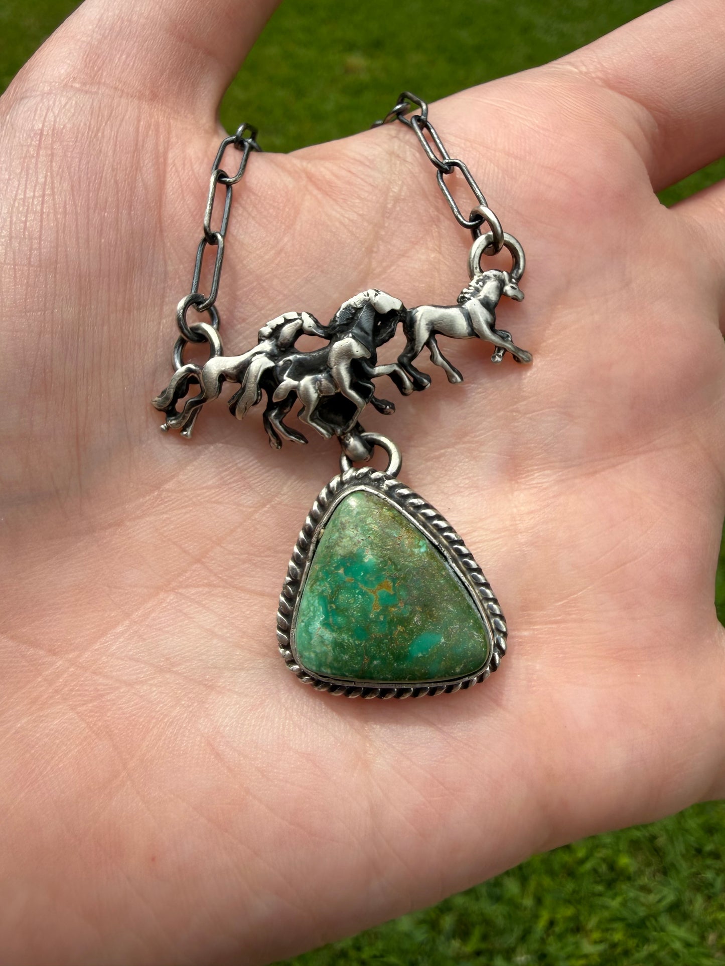 Navajo Turquoise Horse Scene Sterling Silver Lariat Necklace