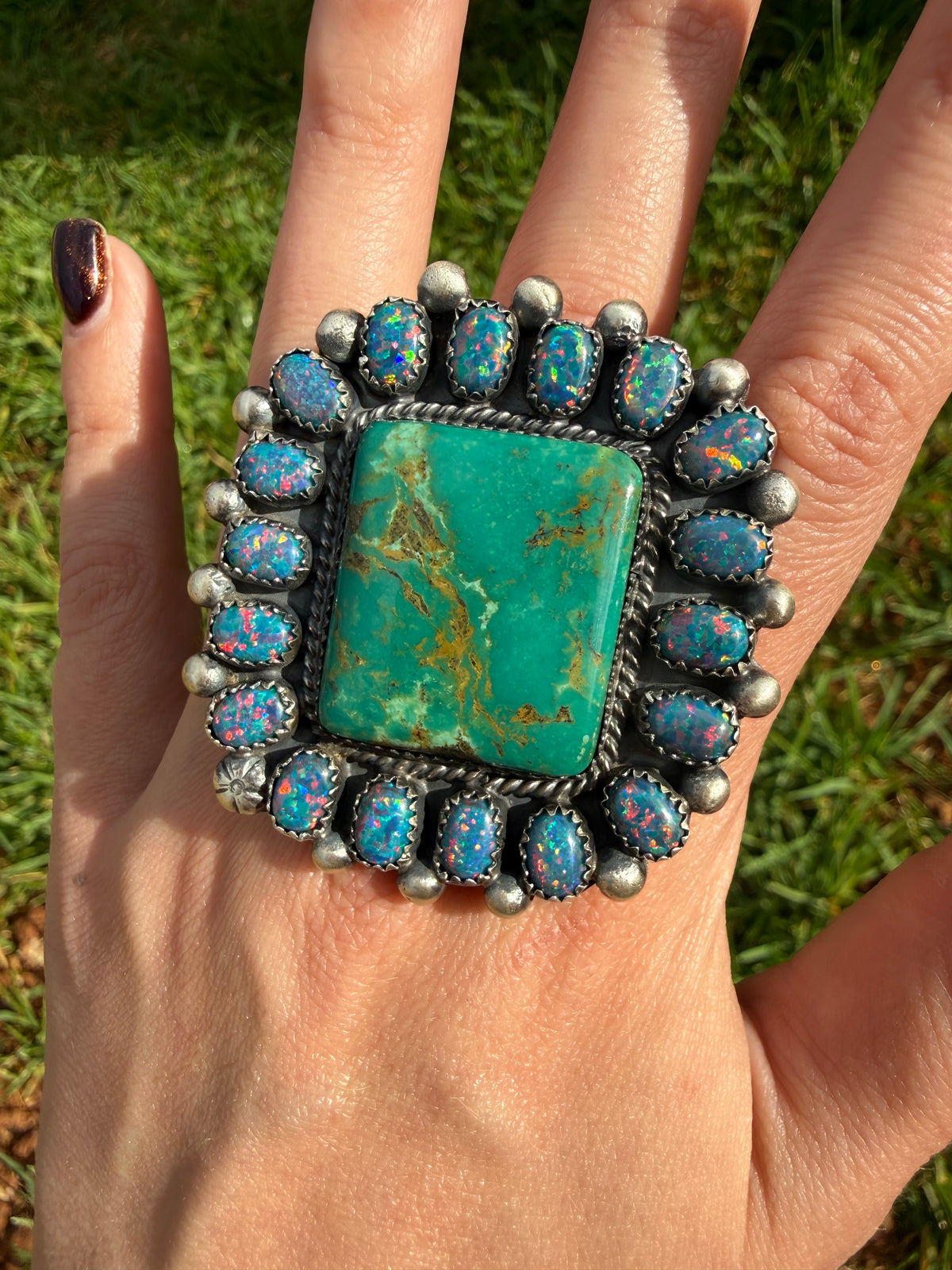 Navajo Turquoise and Balloon Opal Big Mama Square Sterling Silver Adjustable Statement Ring