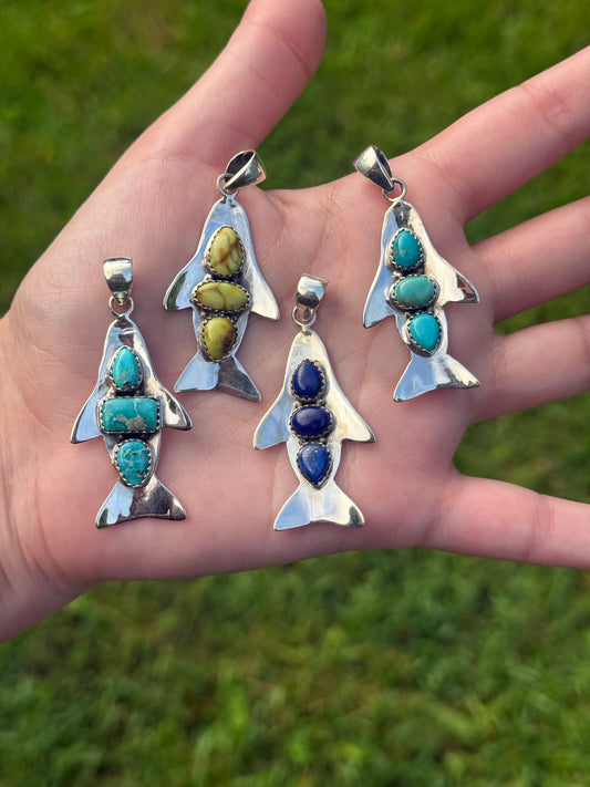 Turquoise and Multi Stone Shark Sterling Silver Pendant