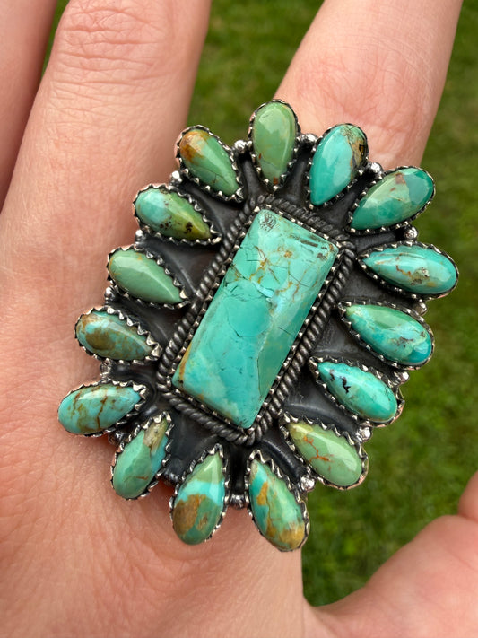 Kingman Turquoise Big Mama Full Cluster Sterling Silver Adjustable Ring