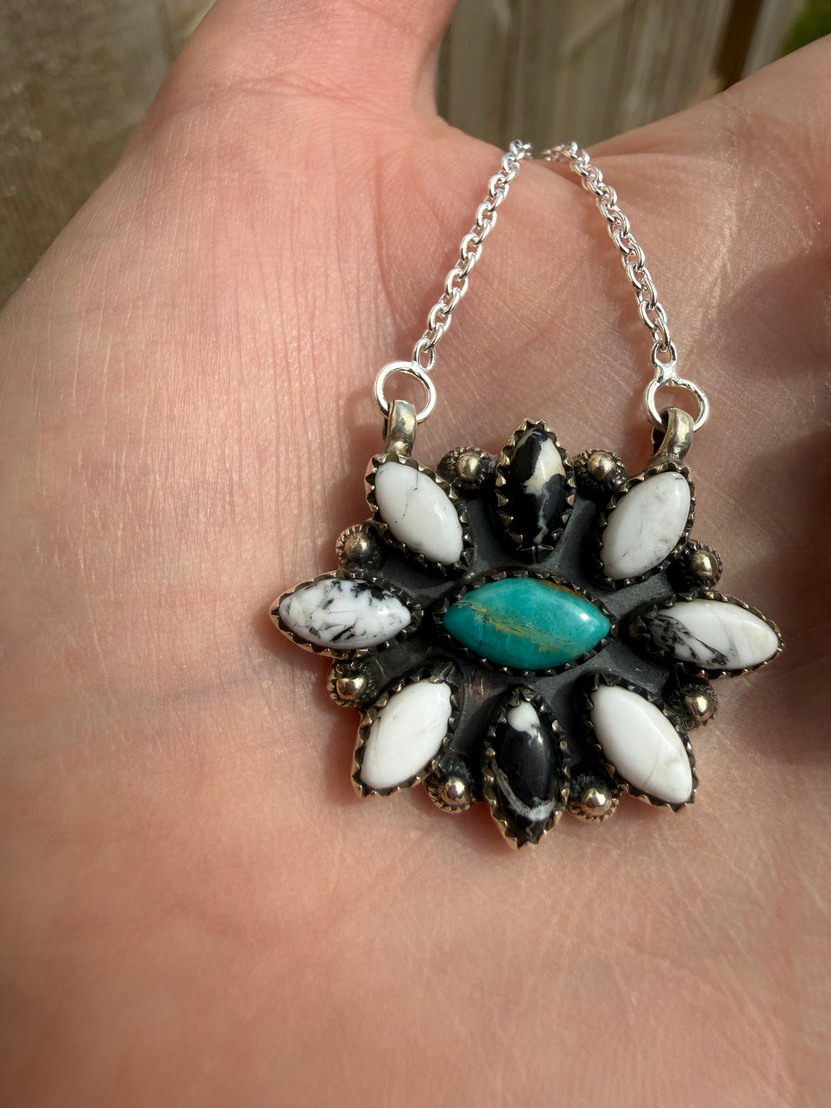 Kingman Turquoise and White Buffalo Full Flower Sterling Silver Pendant or Necklace