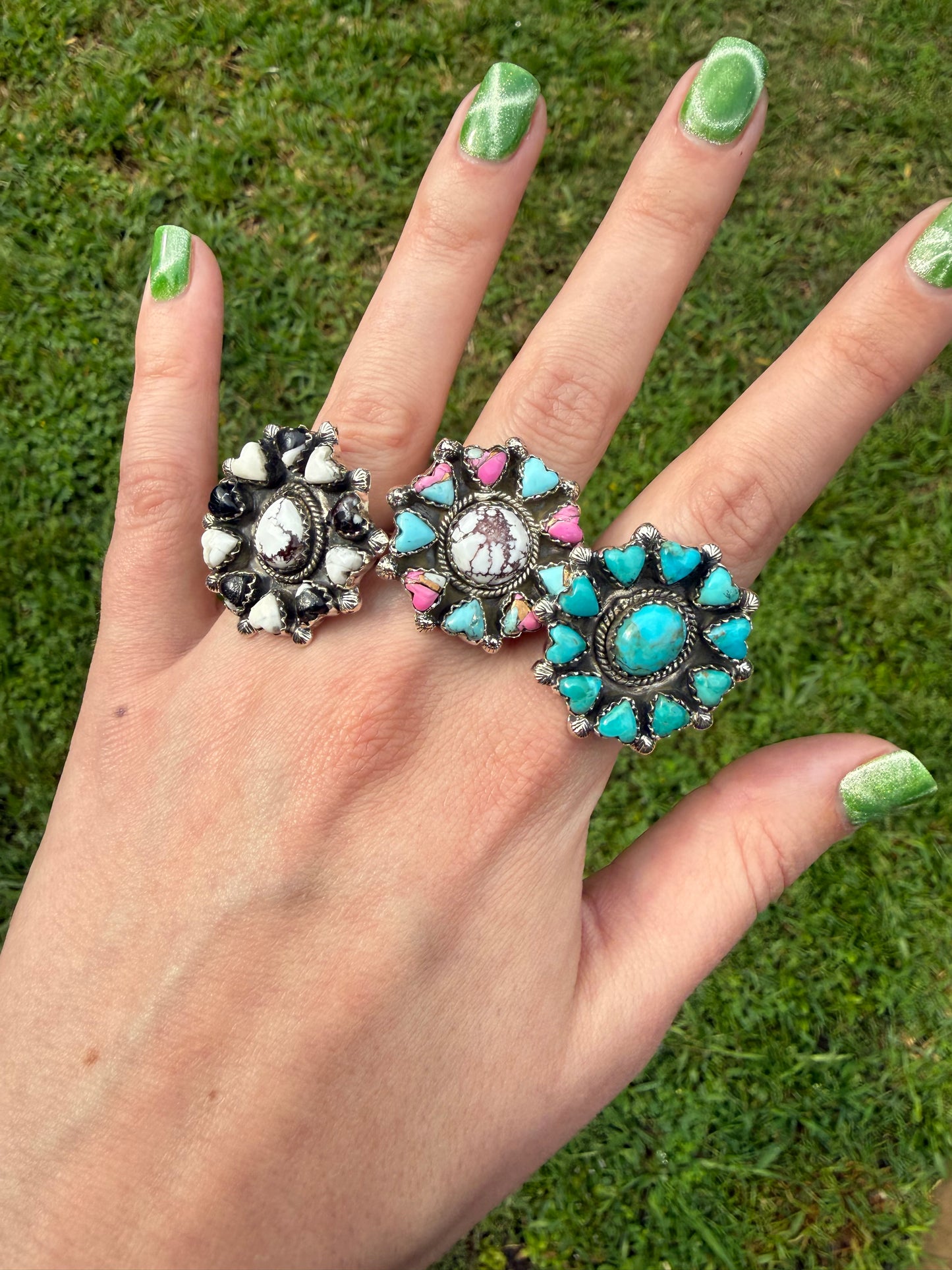 Kingman Turquoise, Cotton Candy and White Buffalo Wild Horse Heart Adjustable Ring