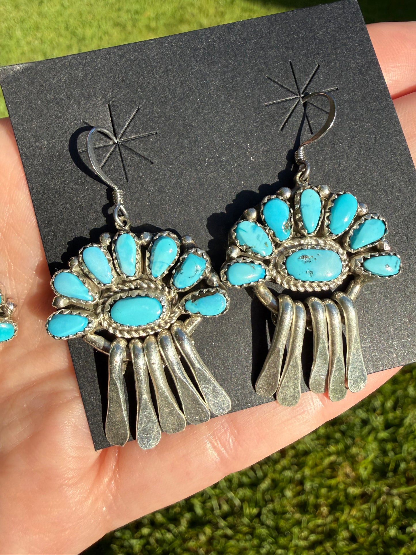 Navajo Turquoise Half Flower Cluster Sterling Silver Earrings or Necklace
