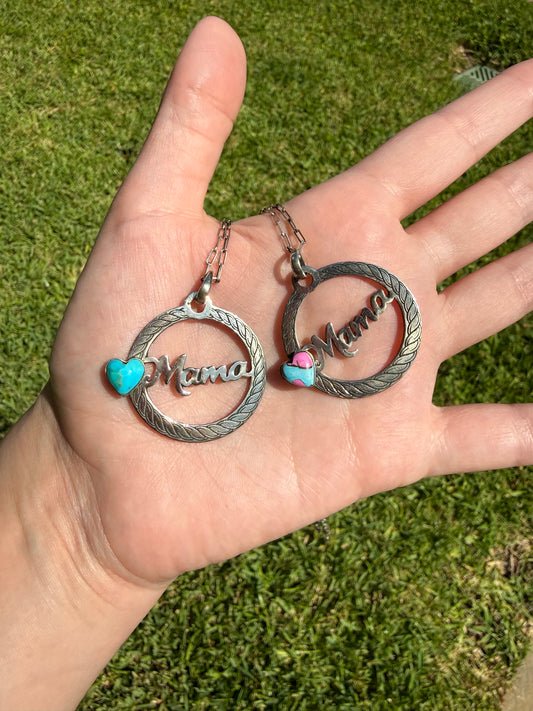 Mama Turquoise Heart with Circle Rope Sterling Silver Plate Necklace