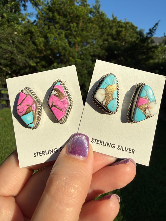 Native Cotton Candy Turquoise Stud Sterling Silver Earrings