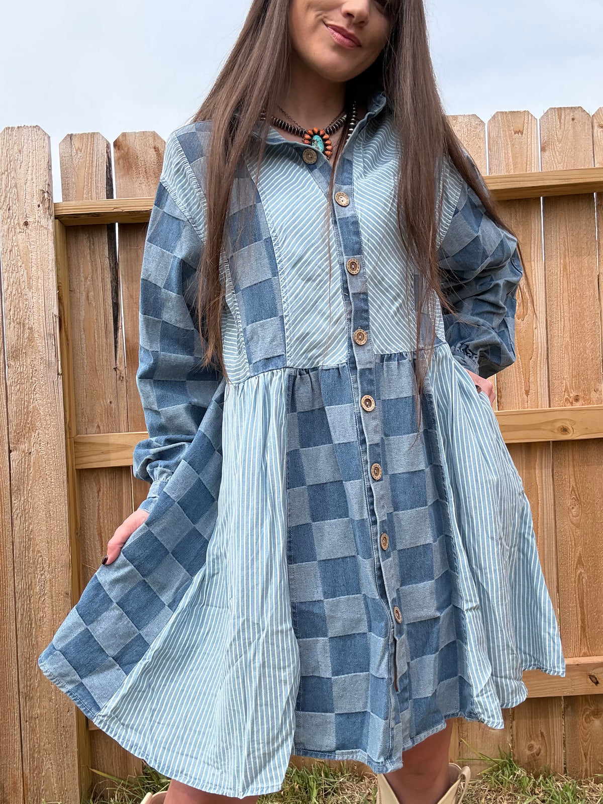 Check Me Out Denim Long Sleeve Button Down Dress