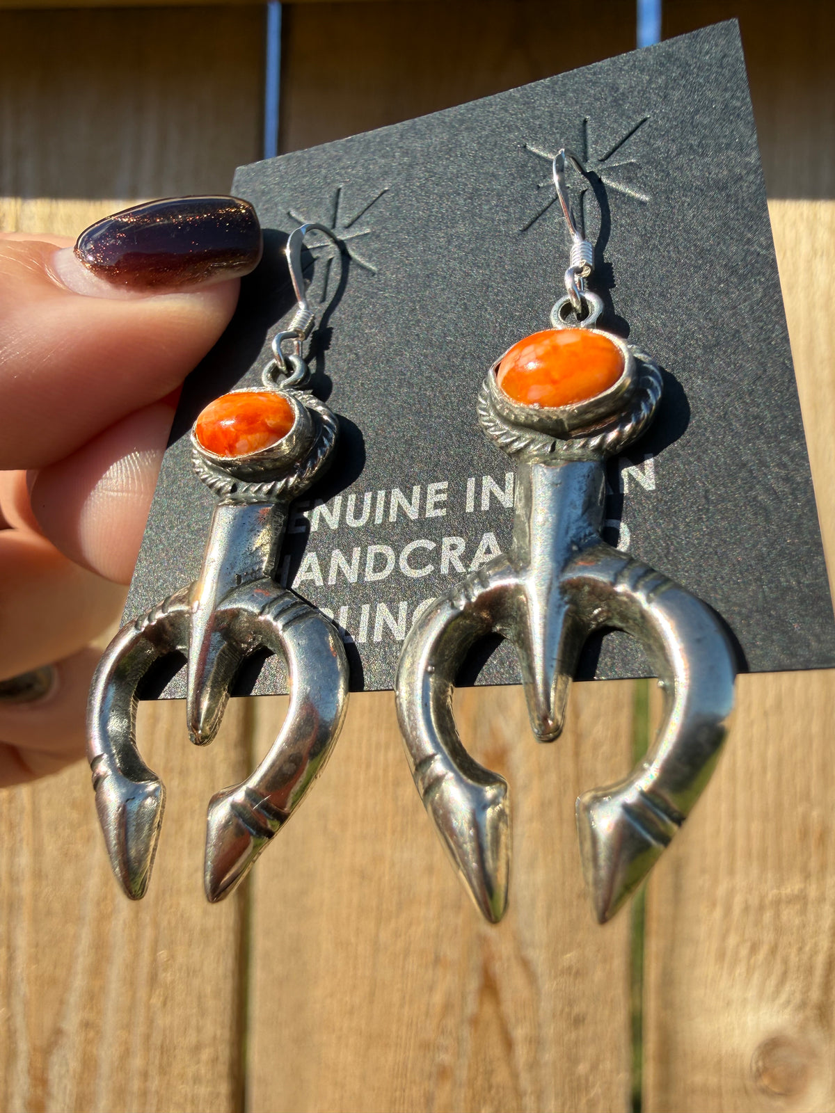 Navajo Orange Spiny Naja Sterling Silver Dangle Earrings