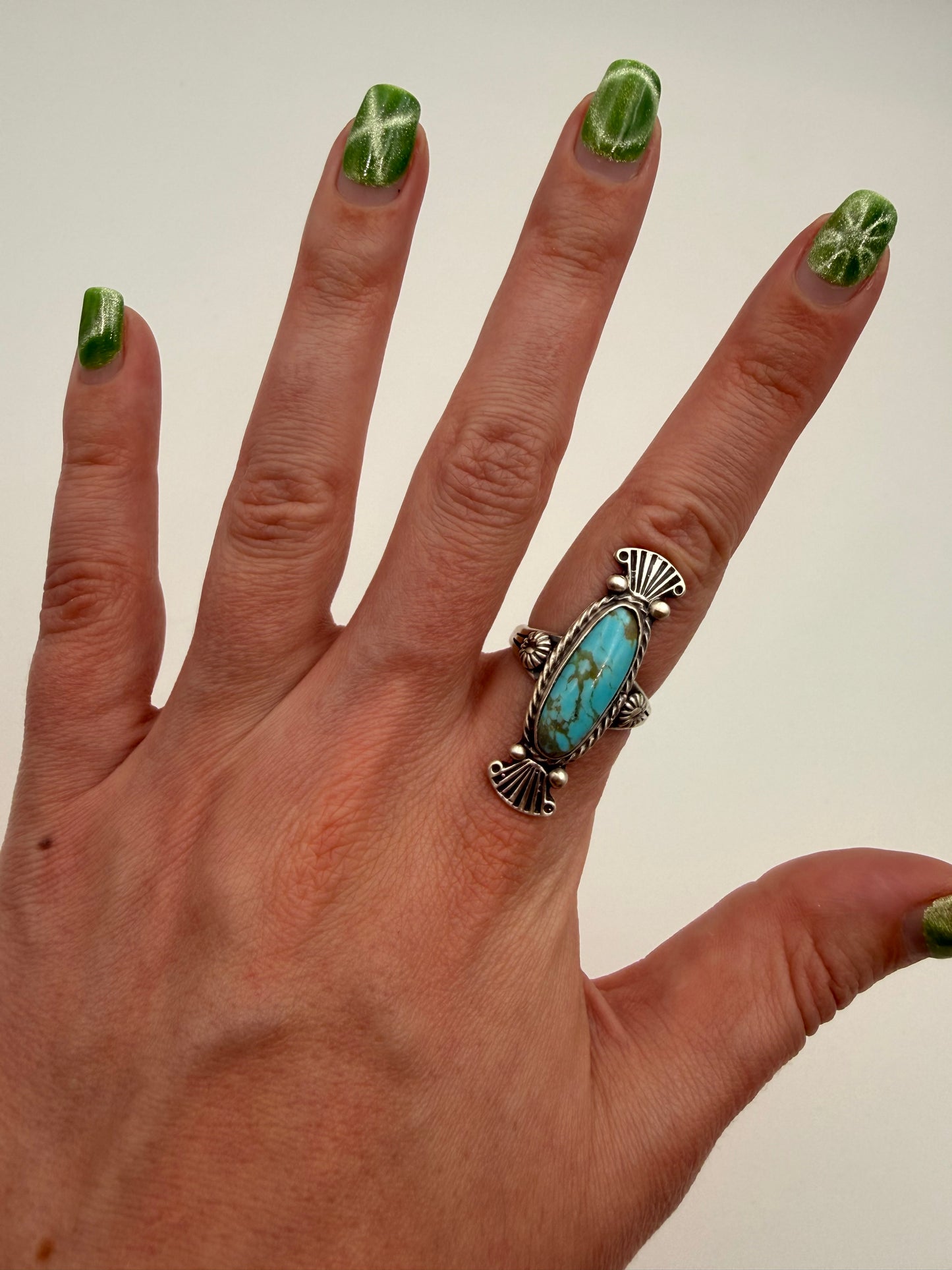 Native Turquoise Long Sterling Silver Ring Size 8 by