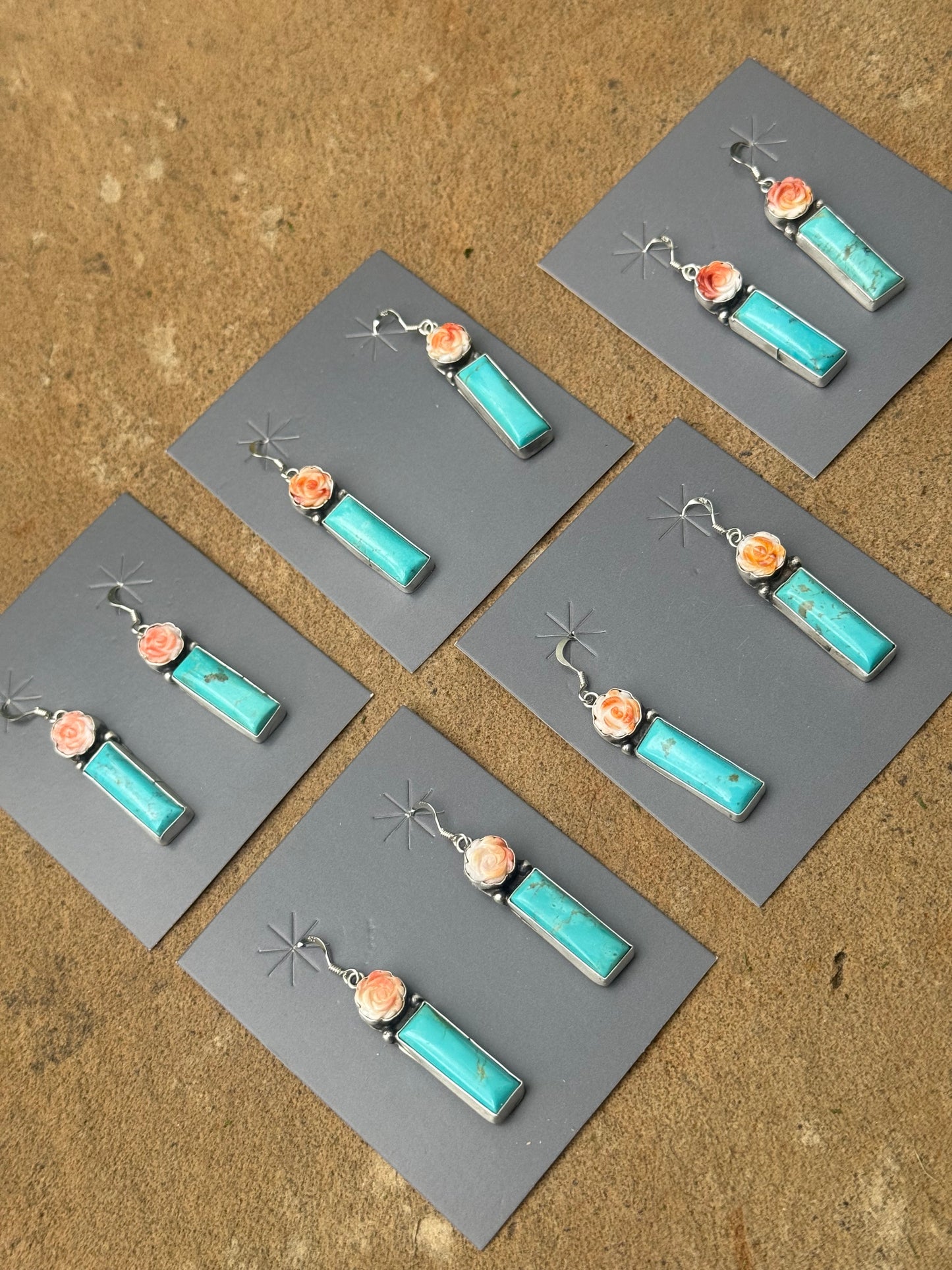 Navajo Pink Conch Rose and Turquoise Bar Sterling Silver Earrings