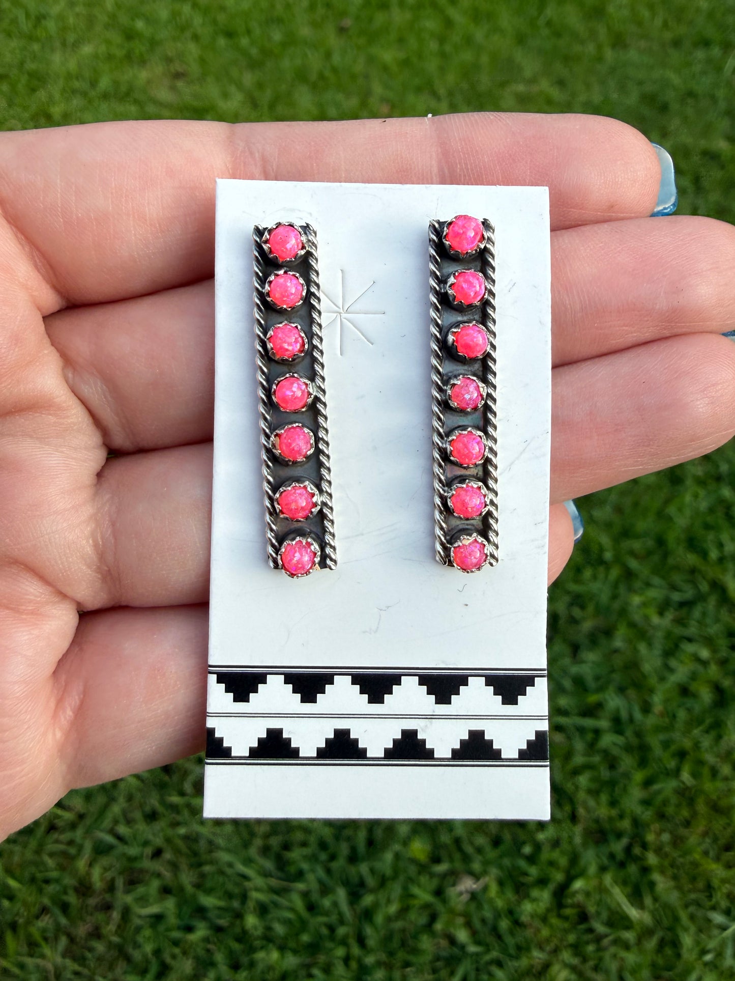 Navajo Hot Pink Balloon Opal Long Bar Sterling Silver Earrings