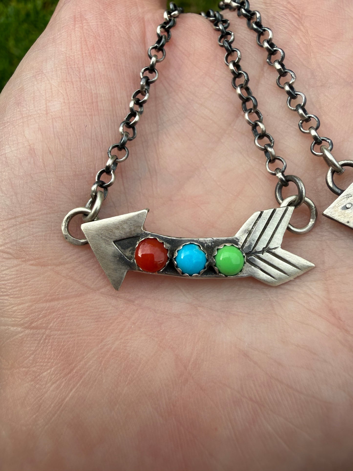 Native Coral or Multi Stone Arrow Sterling Silver Necklace