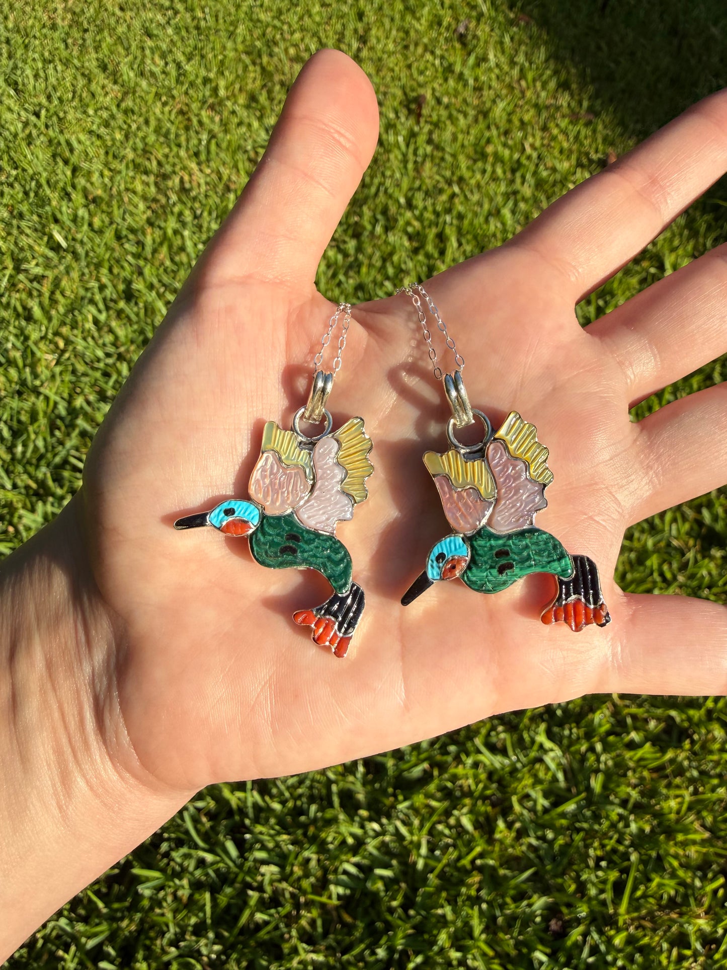 Zuni Multi Stone Hummingbird Inlay Sterling Silver Necklace