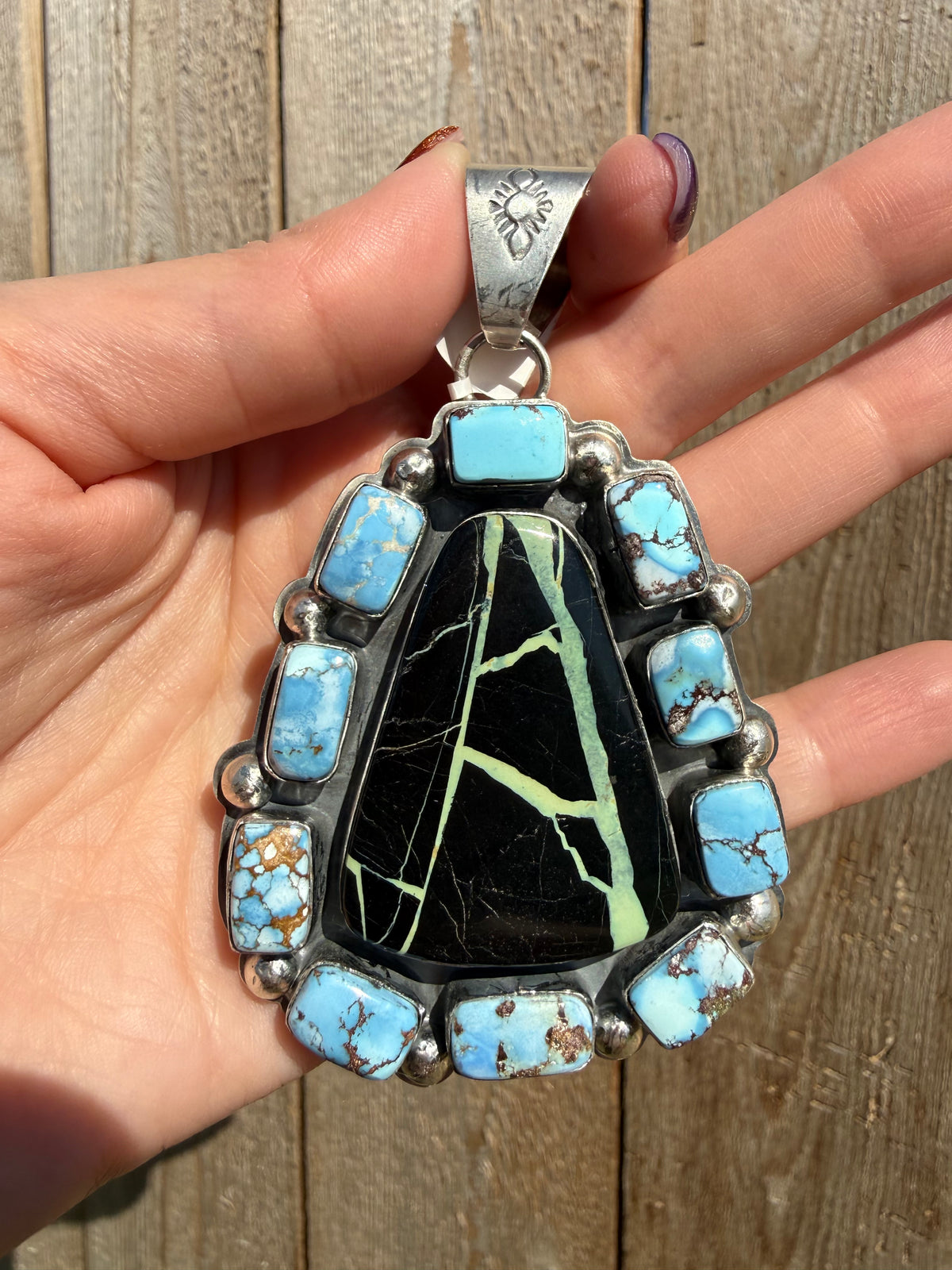 Navajo Blackjack and Golden Hills Big Cluster Sterling Silver Pendant