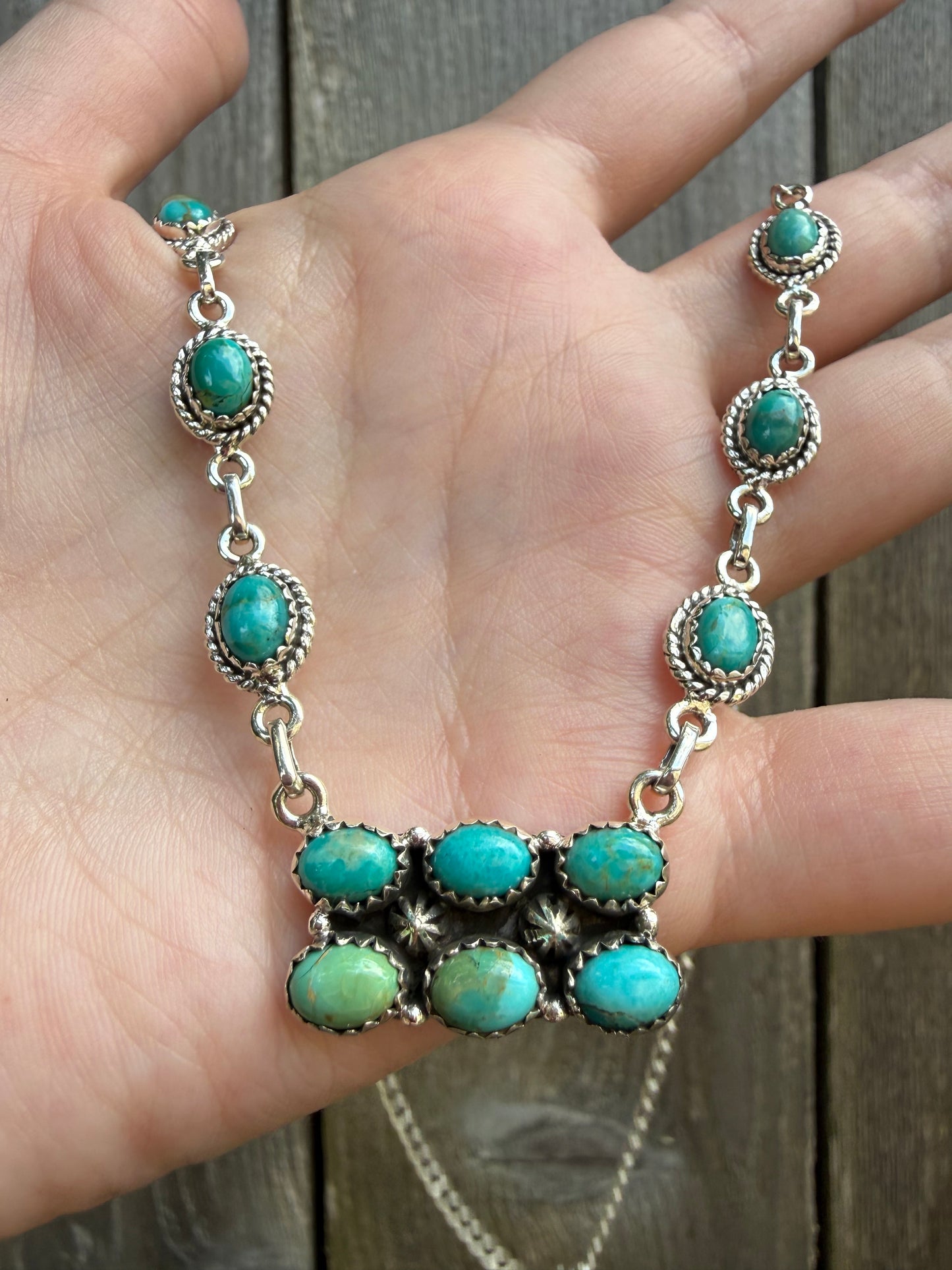 Turquoise Cluster Bar Petal Style  Sterling Silver Necklace