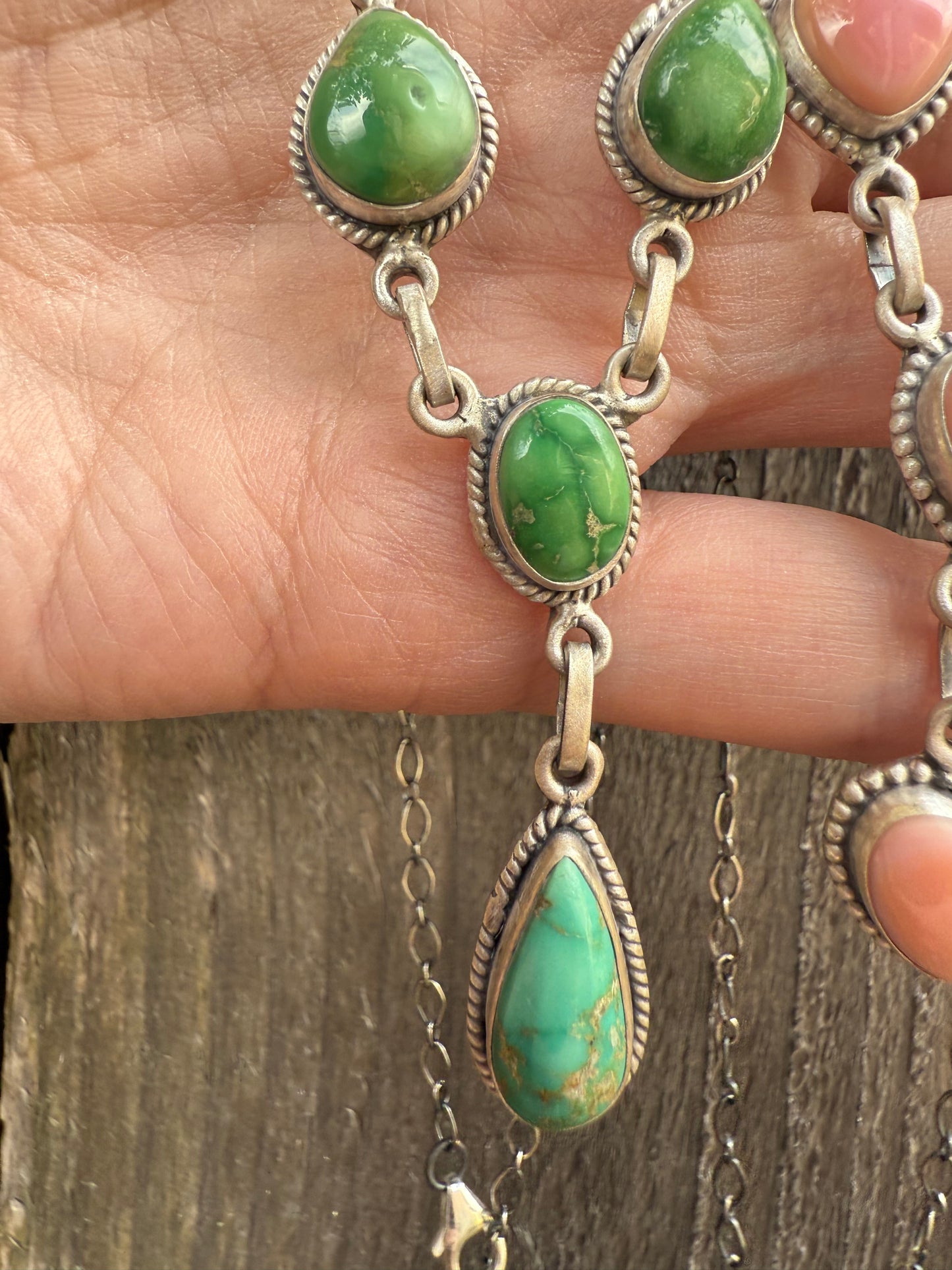 Turquoise and Pink Conch Lariat Sterling Silver Necklace