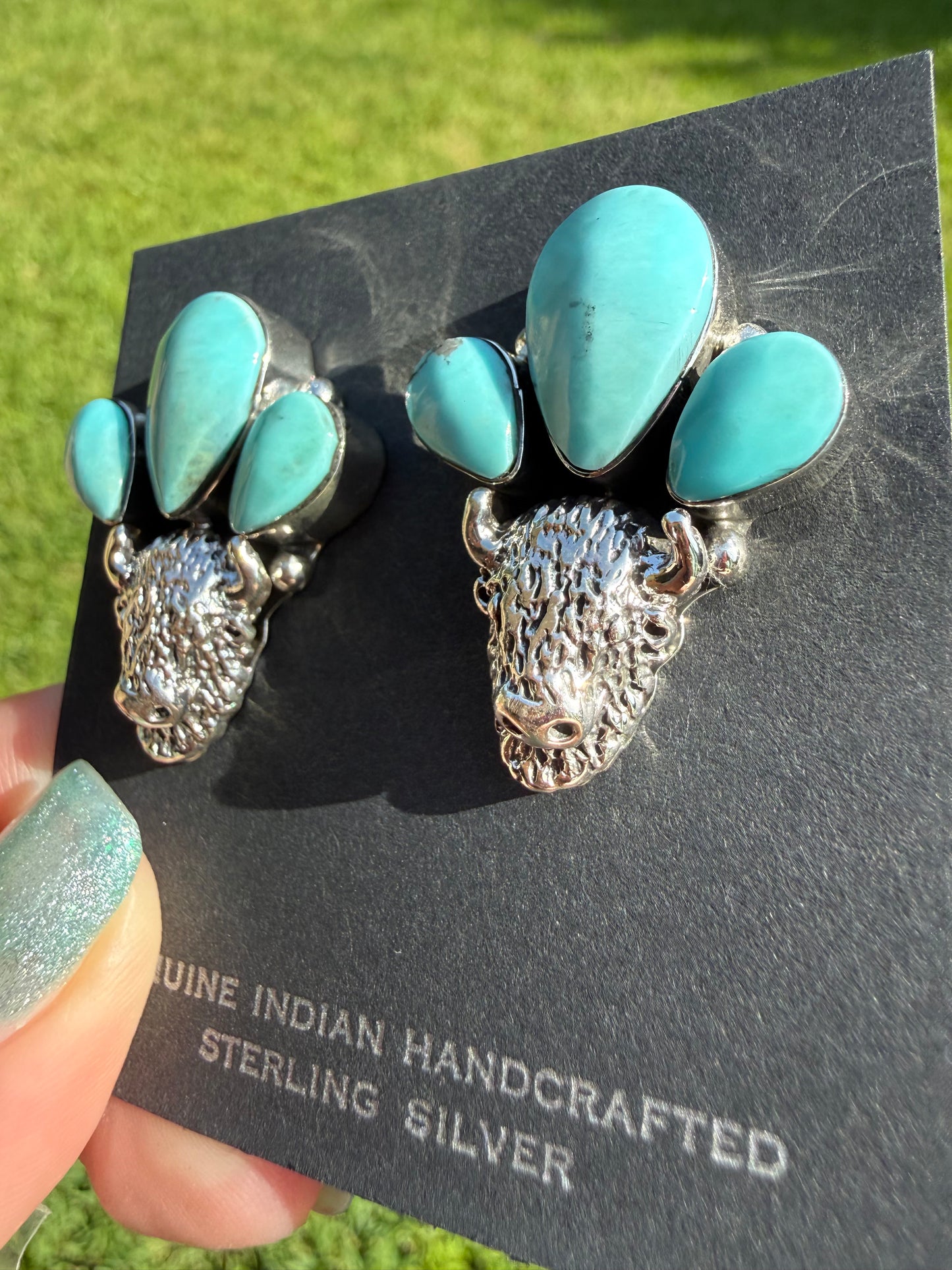 Navajo Buffalo Head Turquoise Cluster Sterling Silver Earrings