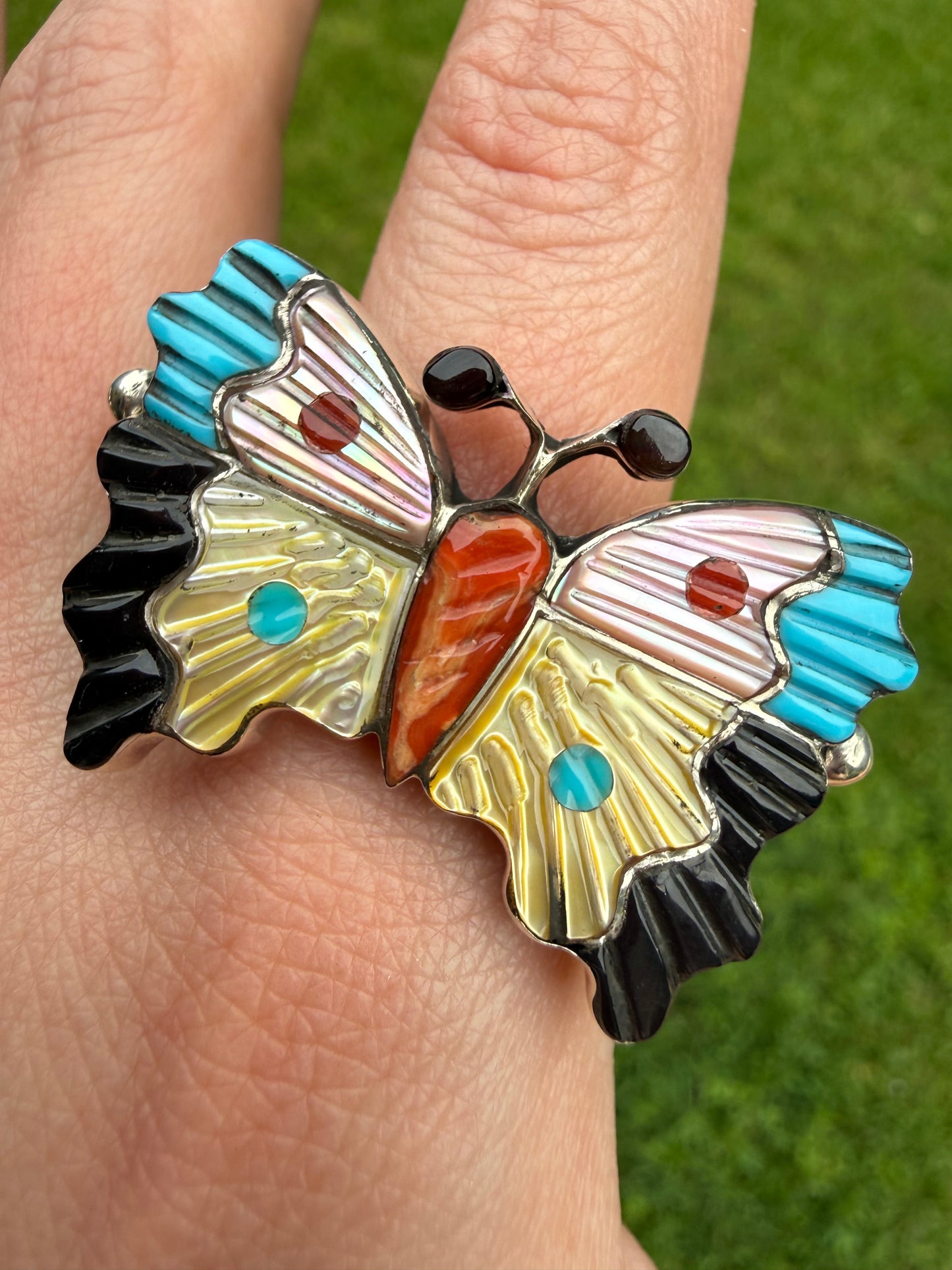 Zuni Butterfly Inlay Sterling Silver Multi Stone Ring