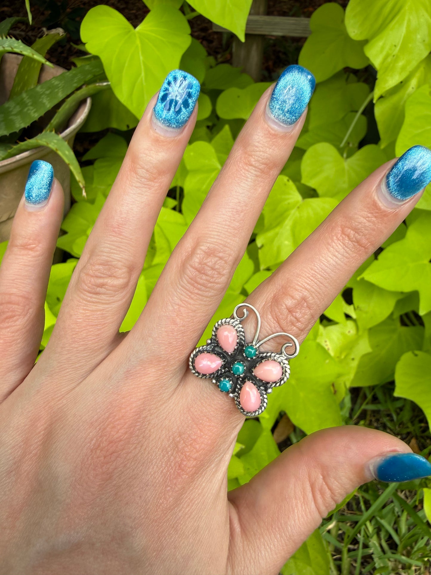 Pink Conch And Turquoise Butterfly Sterling Silver Ring